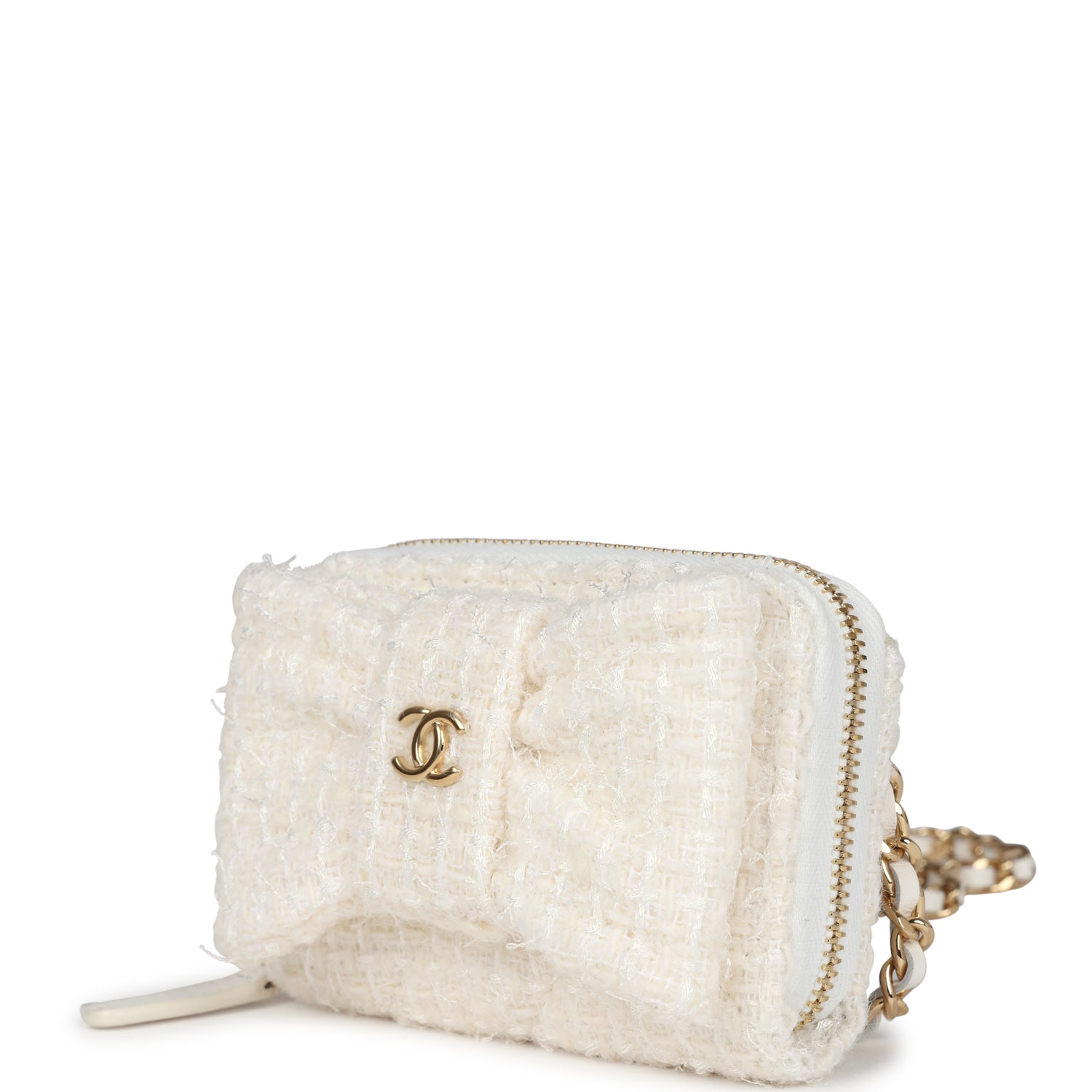 Chanel Bow Wallet  Holder on Chain White/Beige Tweed/Calfskin Gold Hardware