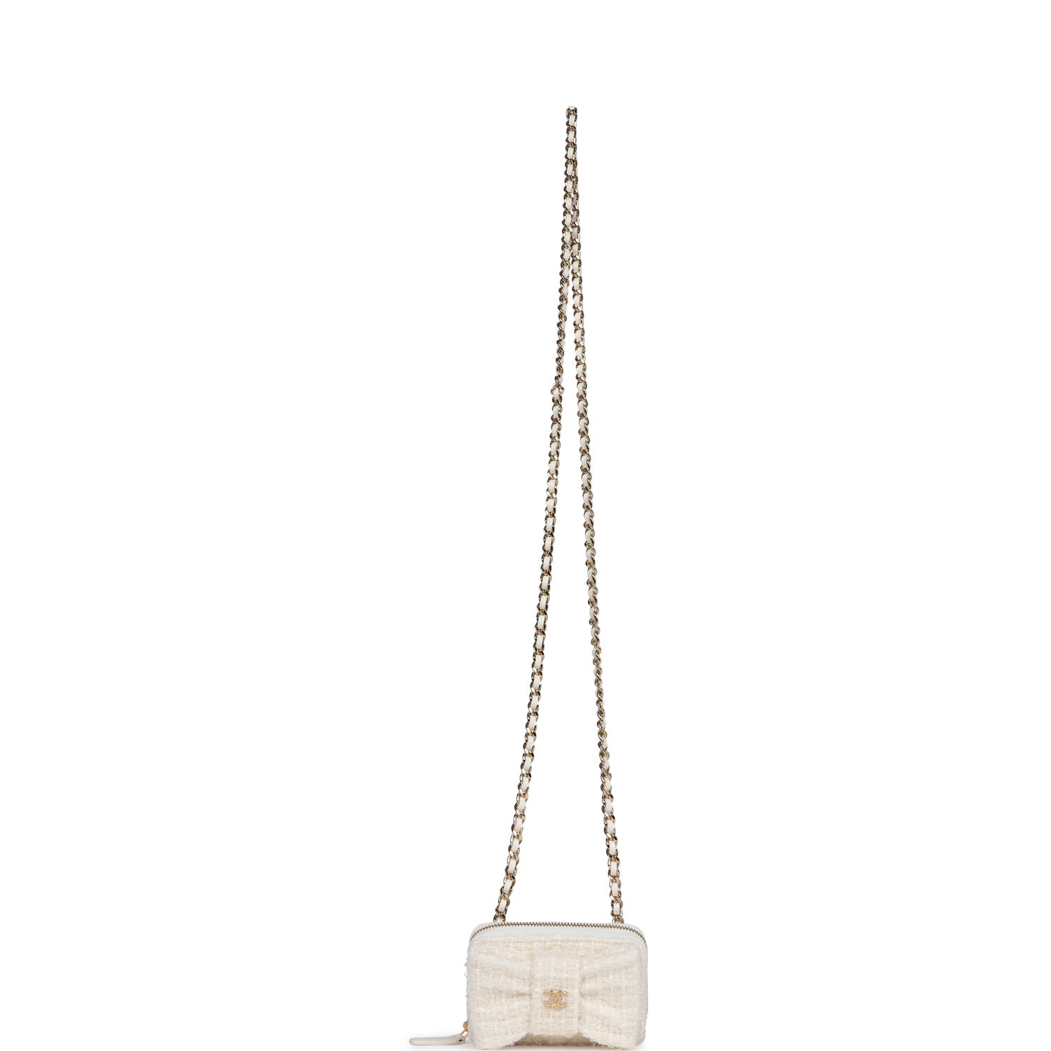 Chanel Bow Wallet  Holder on Chain White/Beige Tweed/Calfskin Gold Hardware