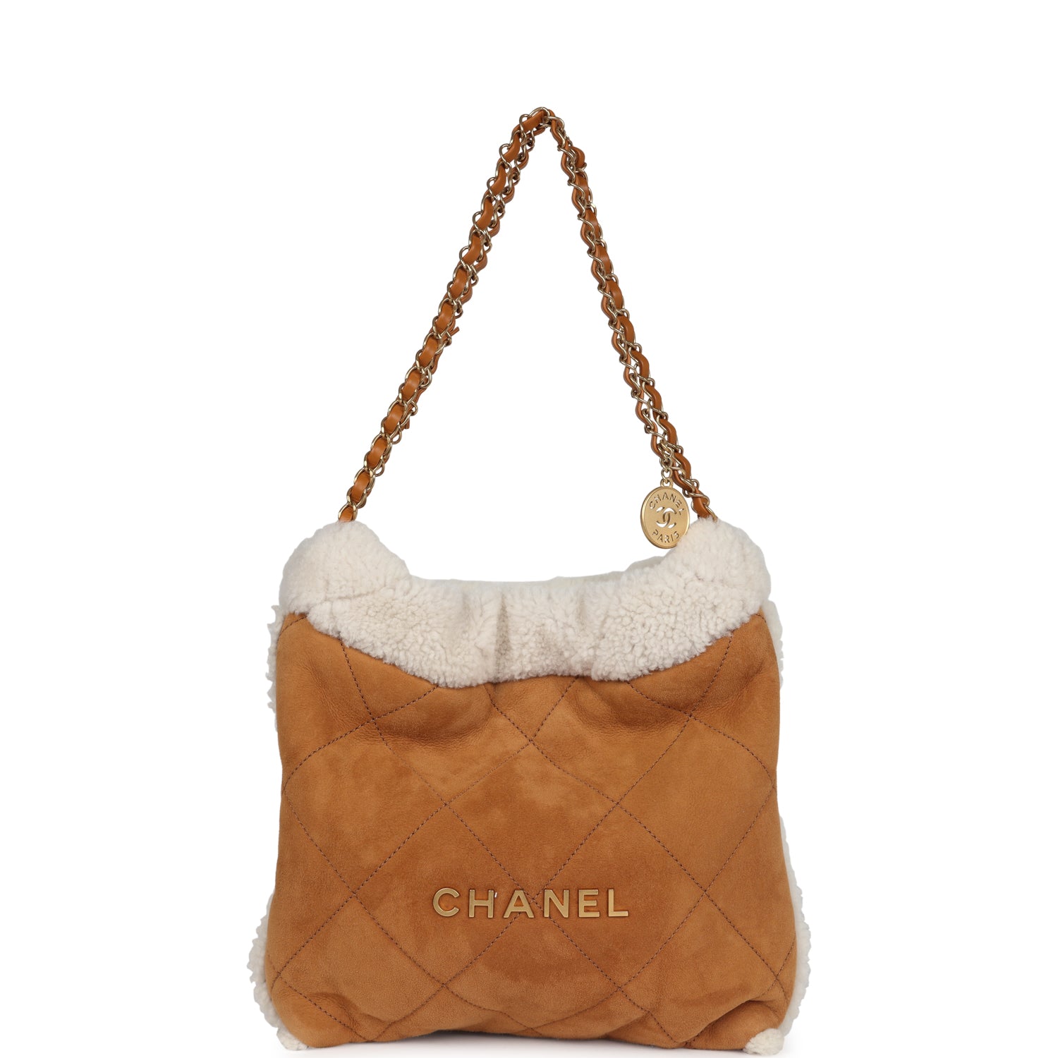 Chanel Small 22 Bag Tan Suede and White Shearling Gold Hardware