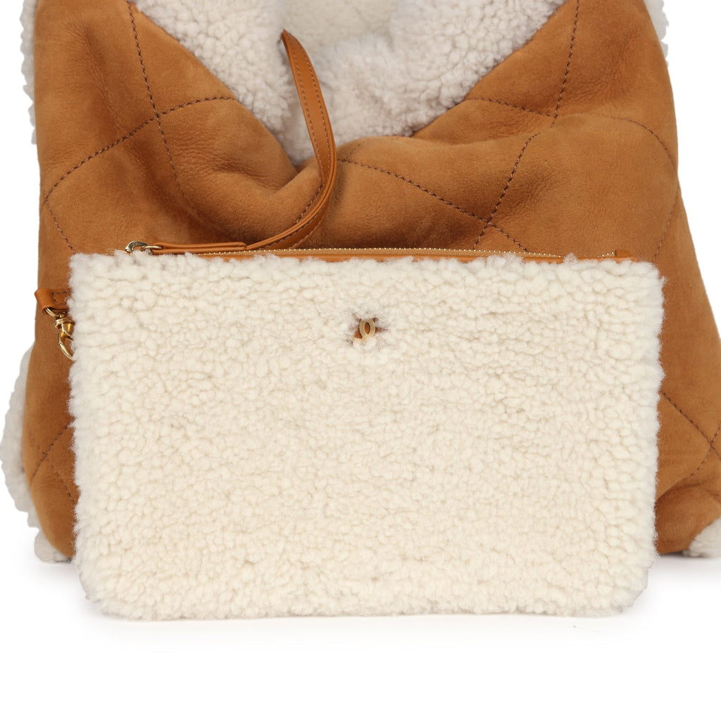 Chanel Small 22 Bag Tan Suede and White Shearling Gold Hardware