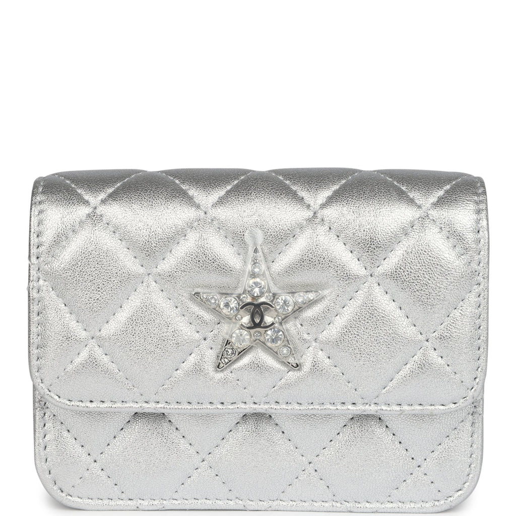 Chanel Crystal CC Walk Of Fame Clutch Wallet Silver Metallic Goatskin Silver Hardware