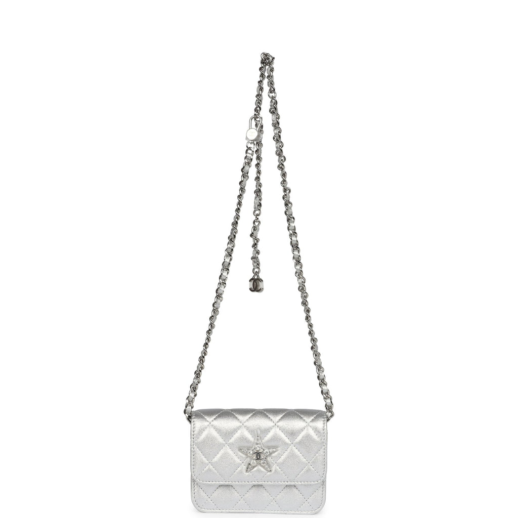 Chanel Crystal CC Walk Of Fame Clutch Wallet Silver Metallic Goatskin Silver Hardware
