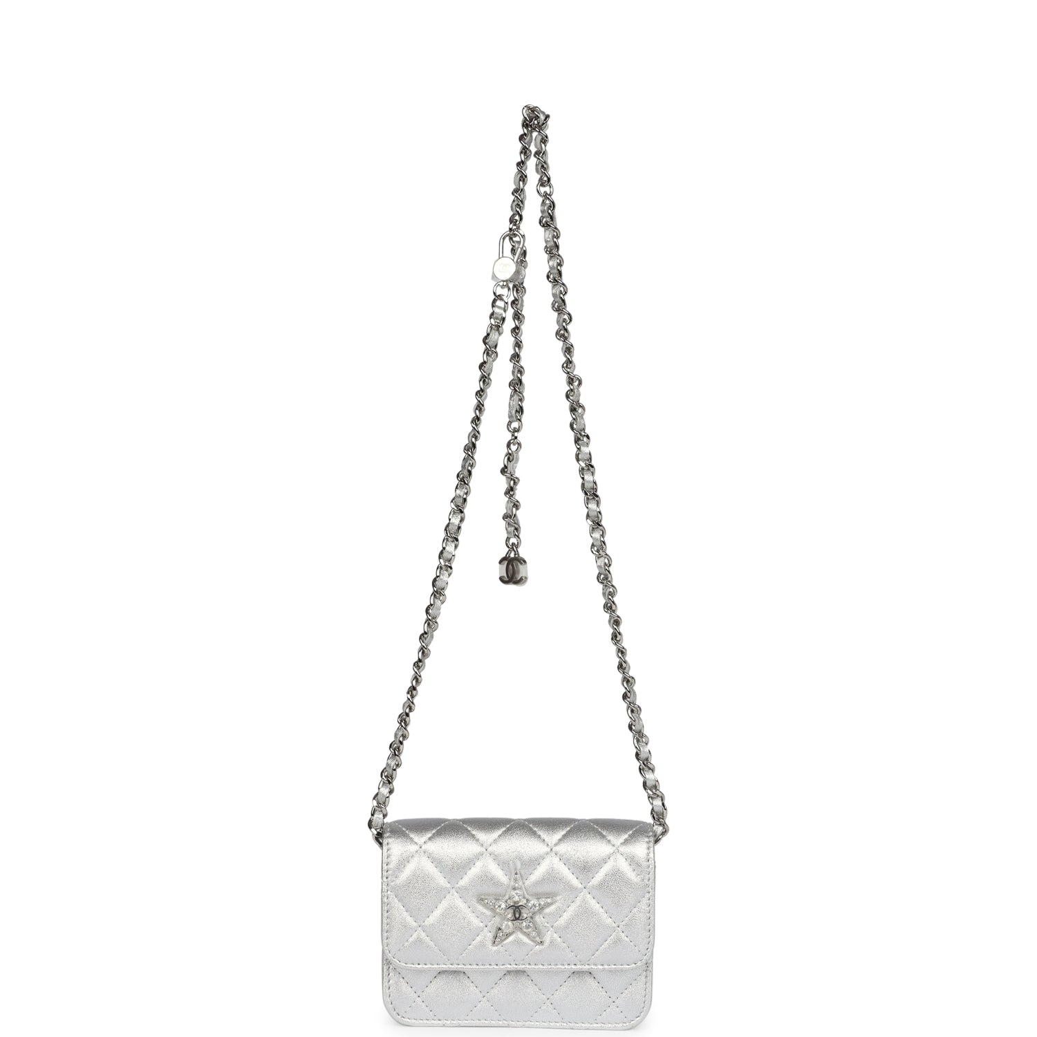 Chanel Crystal CC Walk Of Fame Clutch Wallet Silver Metallic Goatskin Silver Hardware
