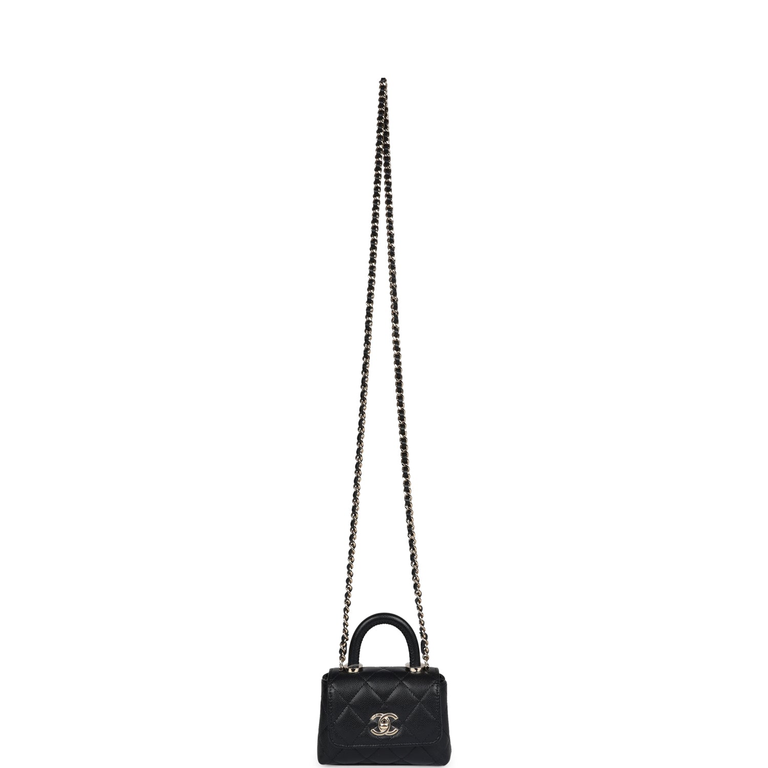 Chanel Nano Coco Top Handle Flap Bag Black Caviar Light Gold Hardware