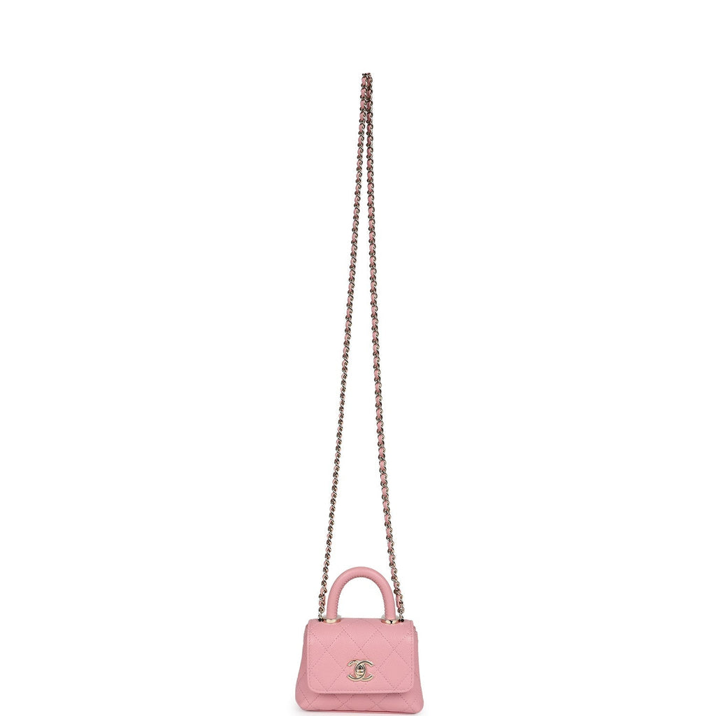 Chanel Nano Coco Top Handle Flap Bag Pink Grained Calfskin Light Gold Hardware