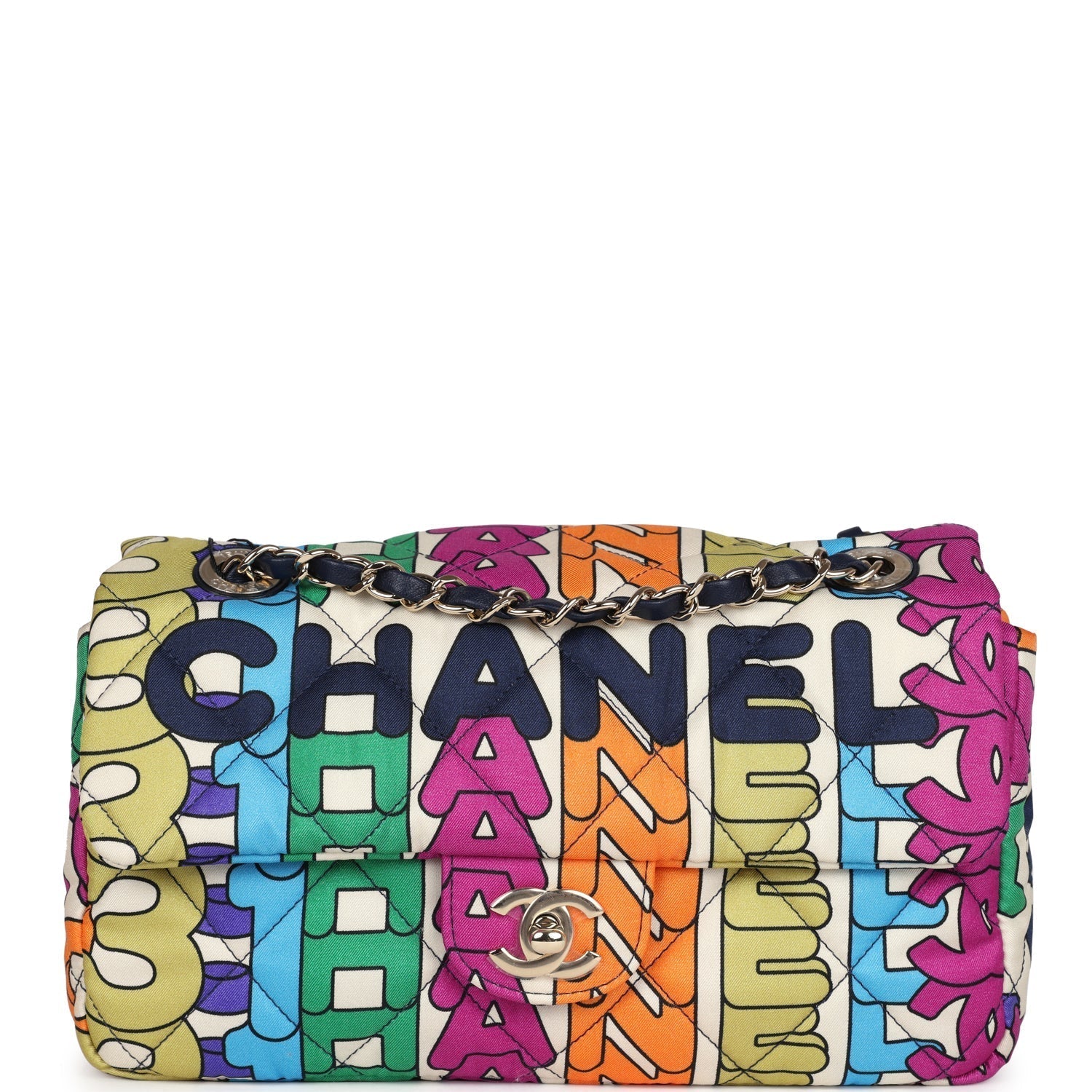 Chanel Medium Flap Bag Rainbow Logo Nylon Light Gold Hardware