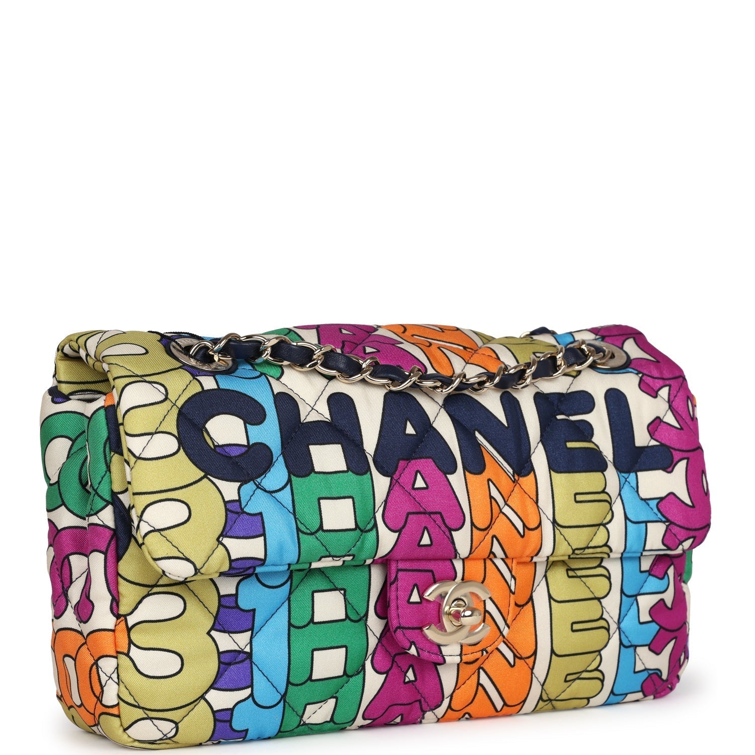 Chanel Medium Flap Bag Rainbow Logo Nylon Light Gold Hardware