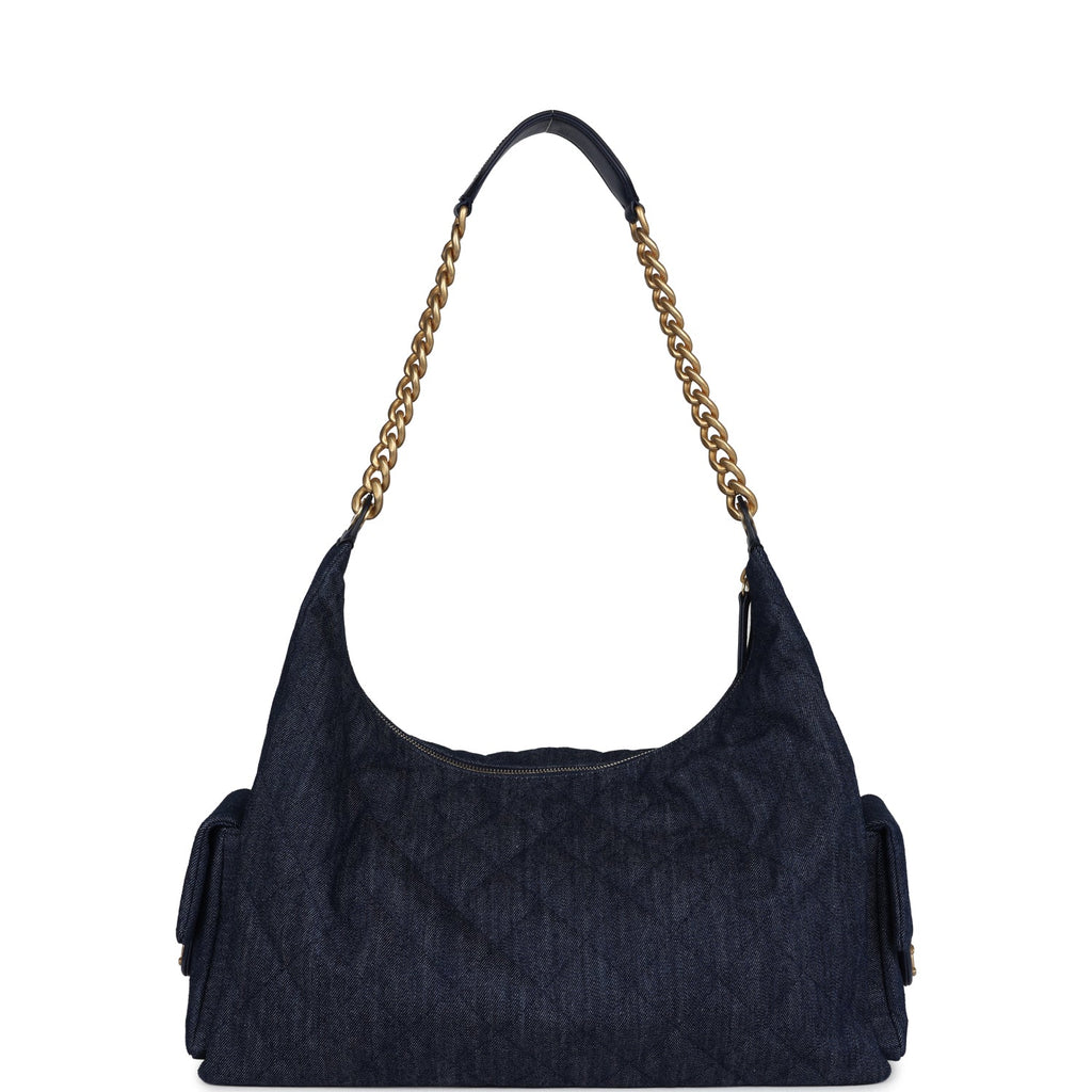 Chanel Maxi Cargo Hobo Bag Dark Blue Washed Denim Brushed Gold Hardware