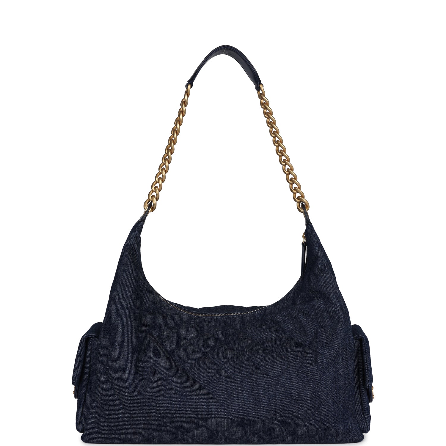 Chanel Maxi Cargo Hobo Bag Dark Blue Washed Denim Brushed Gold Hardware