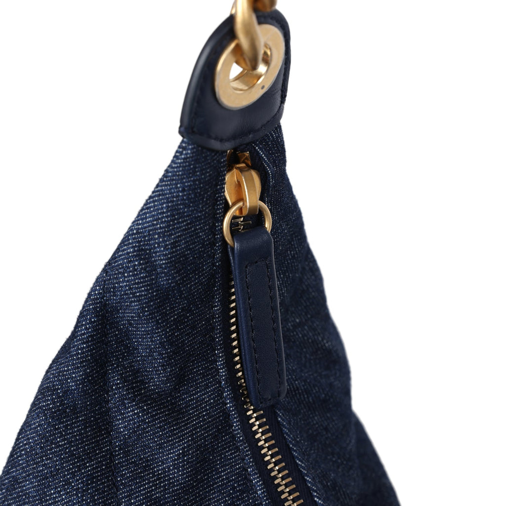 Chanel Maxi Cargo Hobo Bag Dark Blue Washed Denim Brushed Gold Hardware