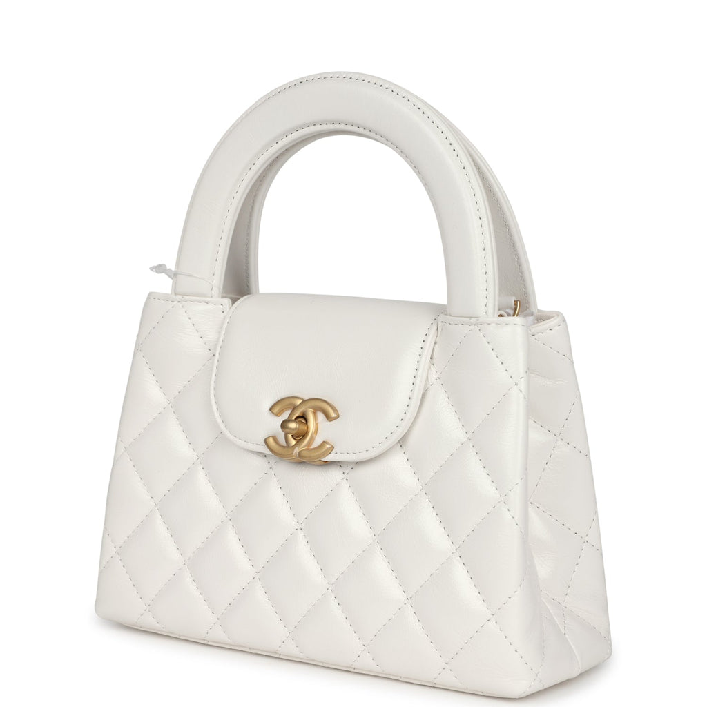 Chanel Small Kelly Shopper White Shiny Aged Calfskin Brushed Gold Hardware
