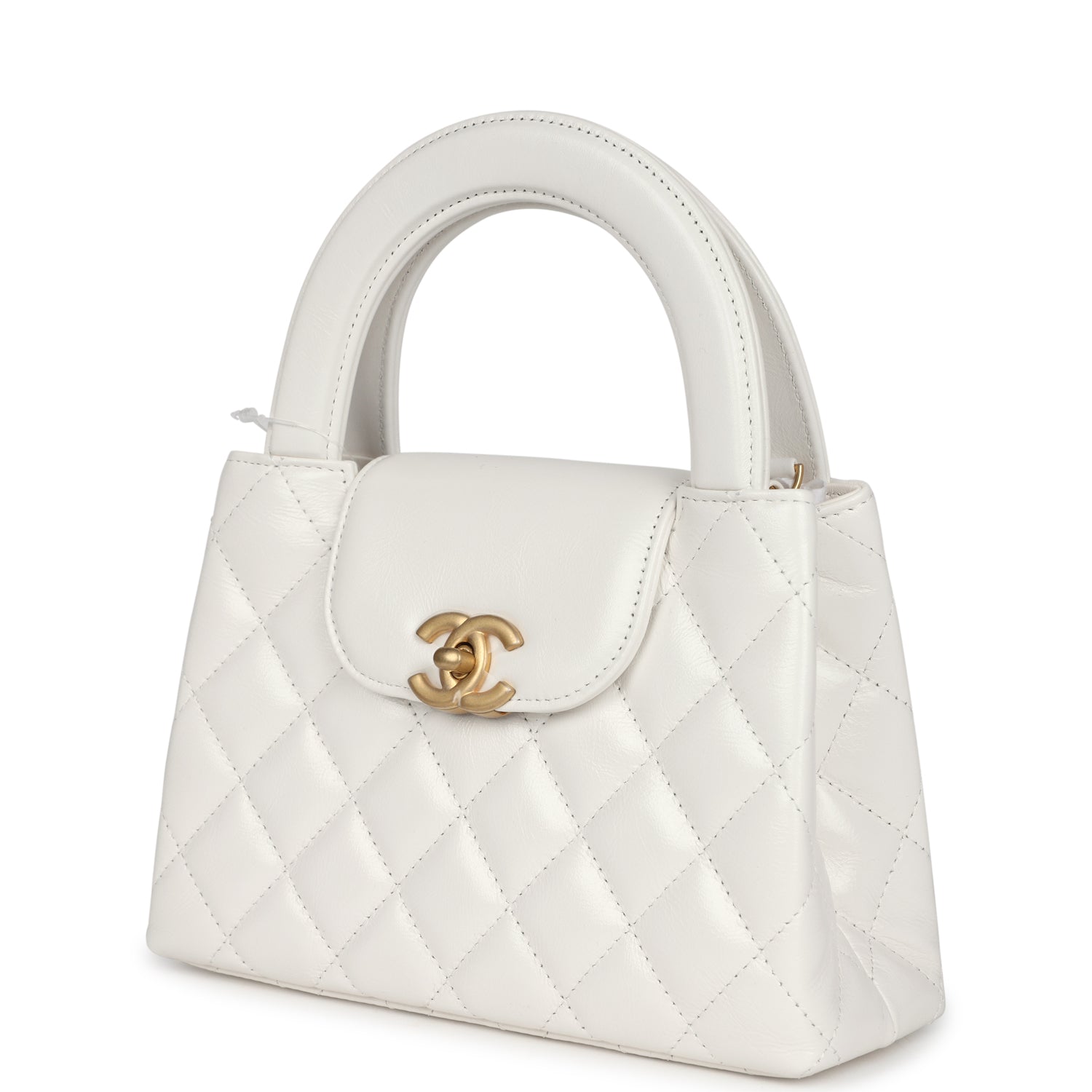 Chanel Small Kelly Shopper White Shiny Aged Calfskin Brushed Gold Hardware