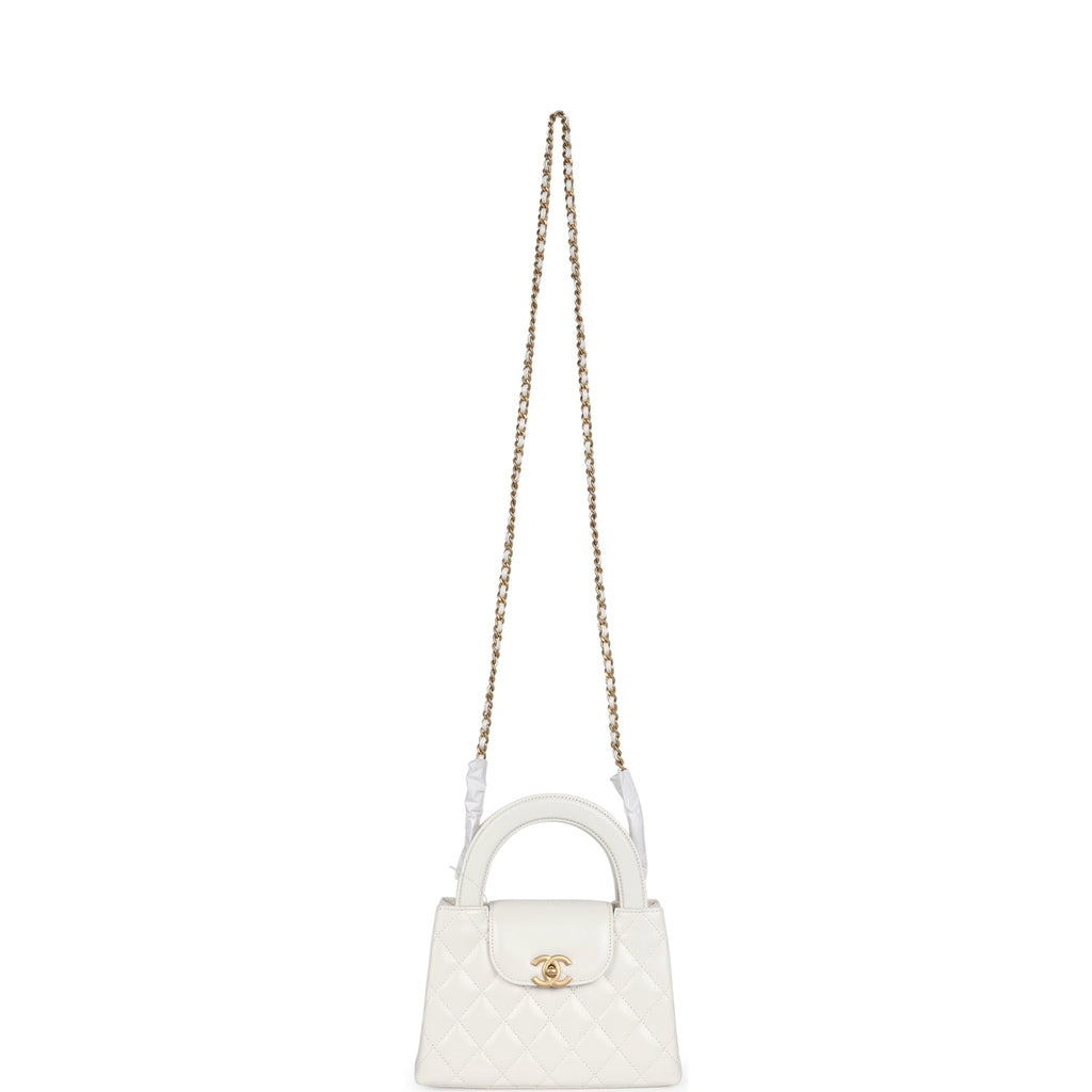 Chanel Small Kelly Shopper White Shiny Aged Calfskin Brushed Gold Hardware