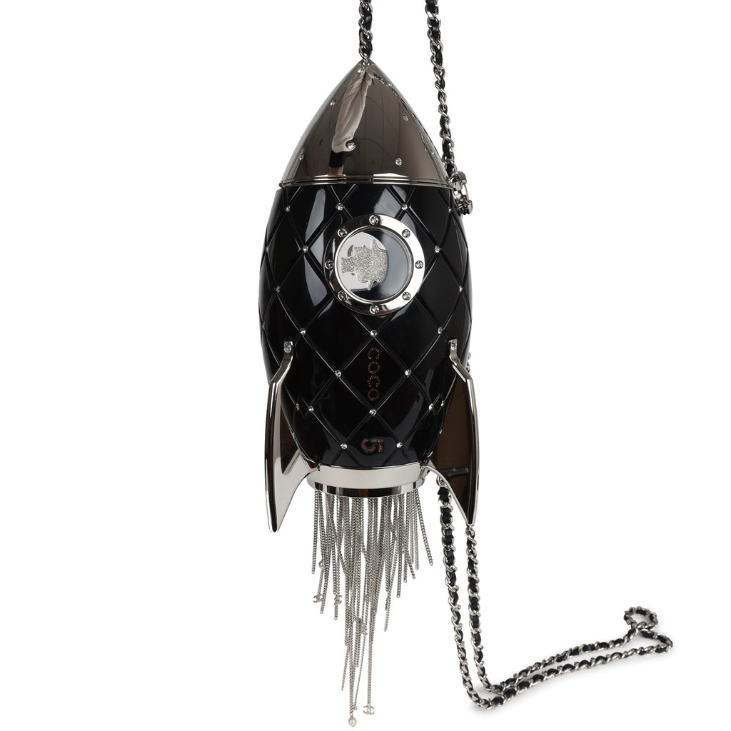 Chanel Limited Edition Rocket Ship Minaudière Bag Black Lucite and Crystals Silver Hardware