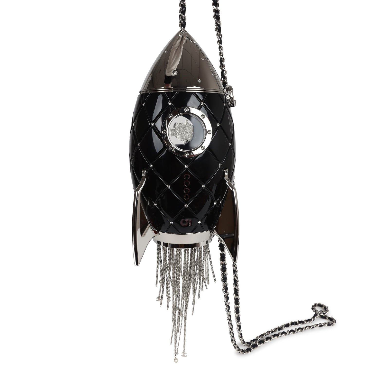 Chanel Limited Edition Rocket Ship Minaudière Bag Black Lucite and Crystals Silver Hardware