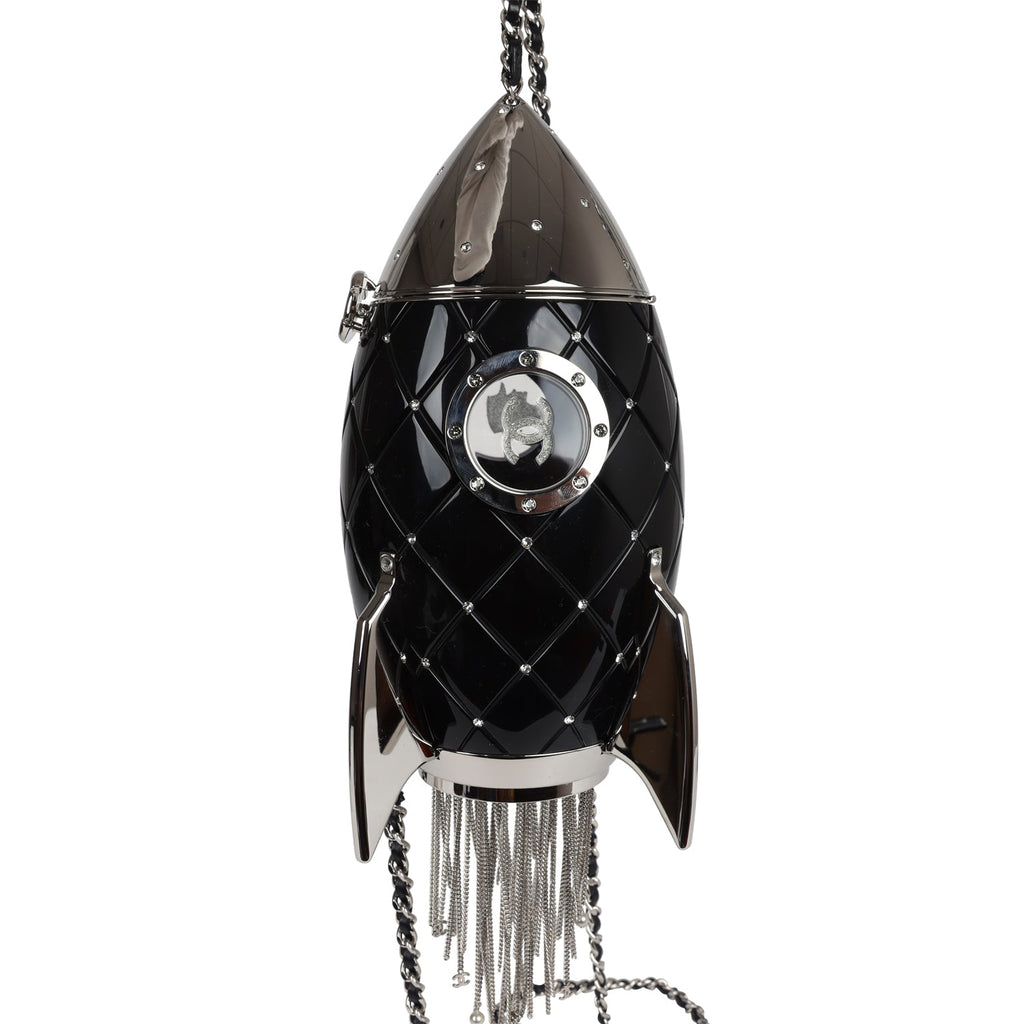 Chanel Limited Edition Rocket Ship Minaudière Bag Black Lucite and Crystals Silver Hardware