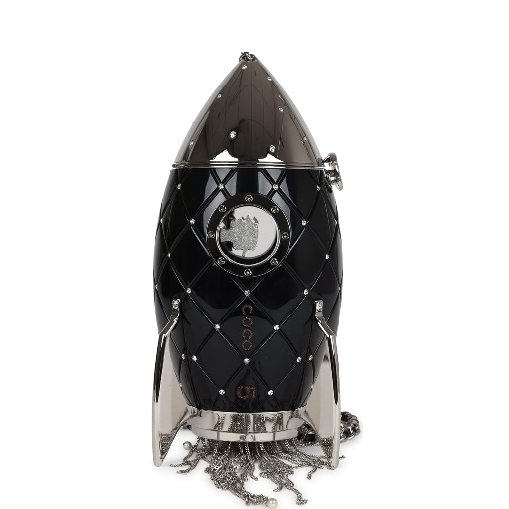 Chanel Limited Edition Rocket Ship Minaudière Bag Black Lucite and Crystals Silver Hardware