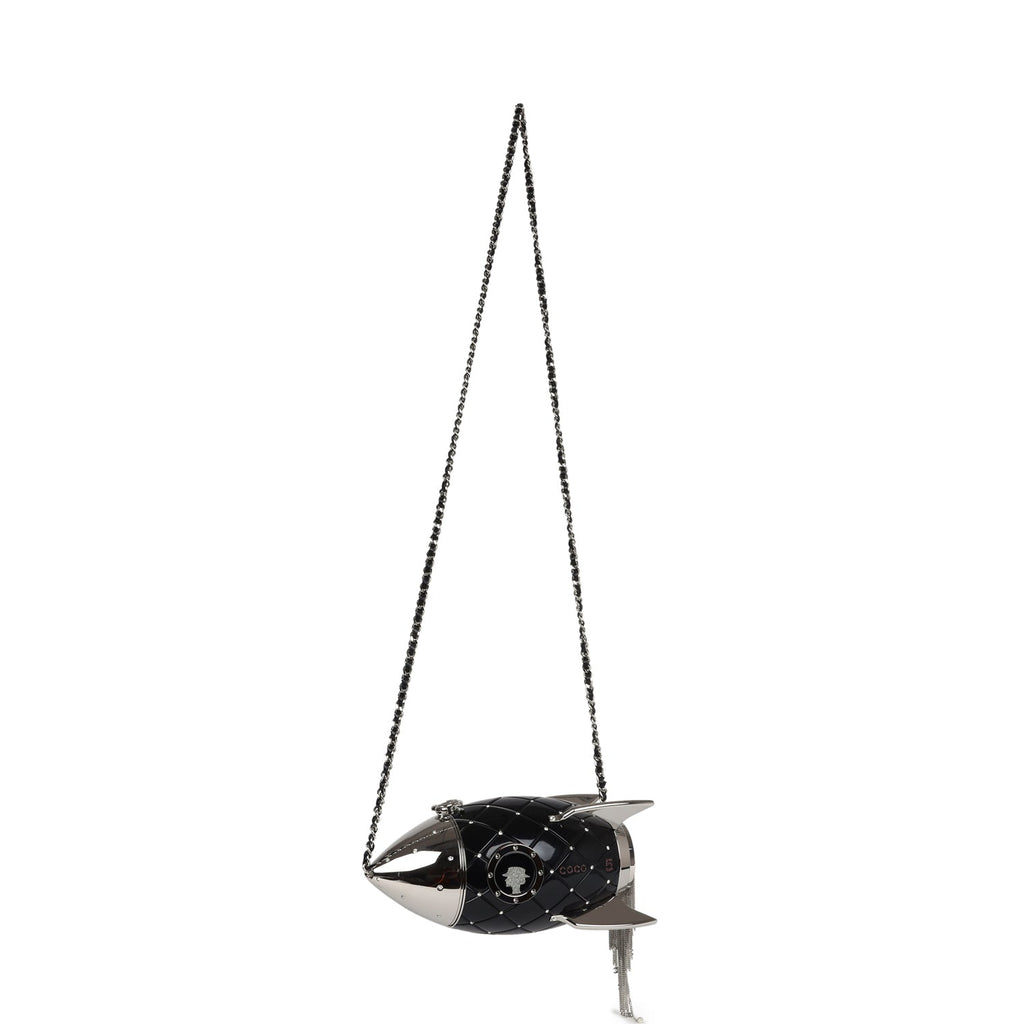 Chanel Limited Edition Rocket Ship Minaudière Bag Black Lucite and Crystals Silver Hardware