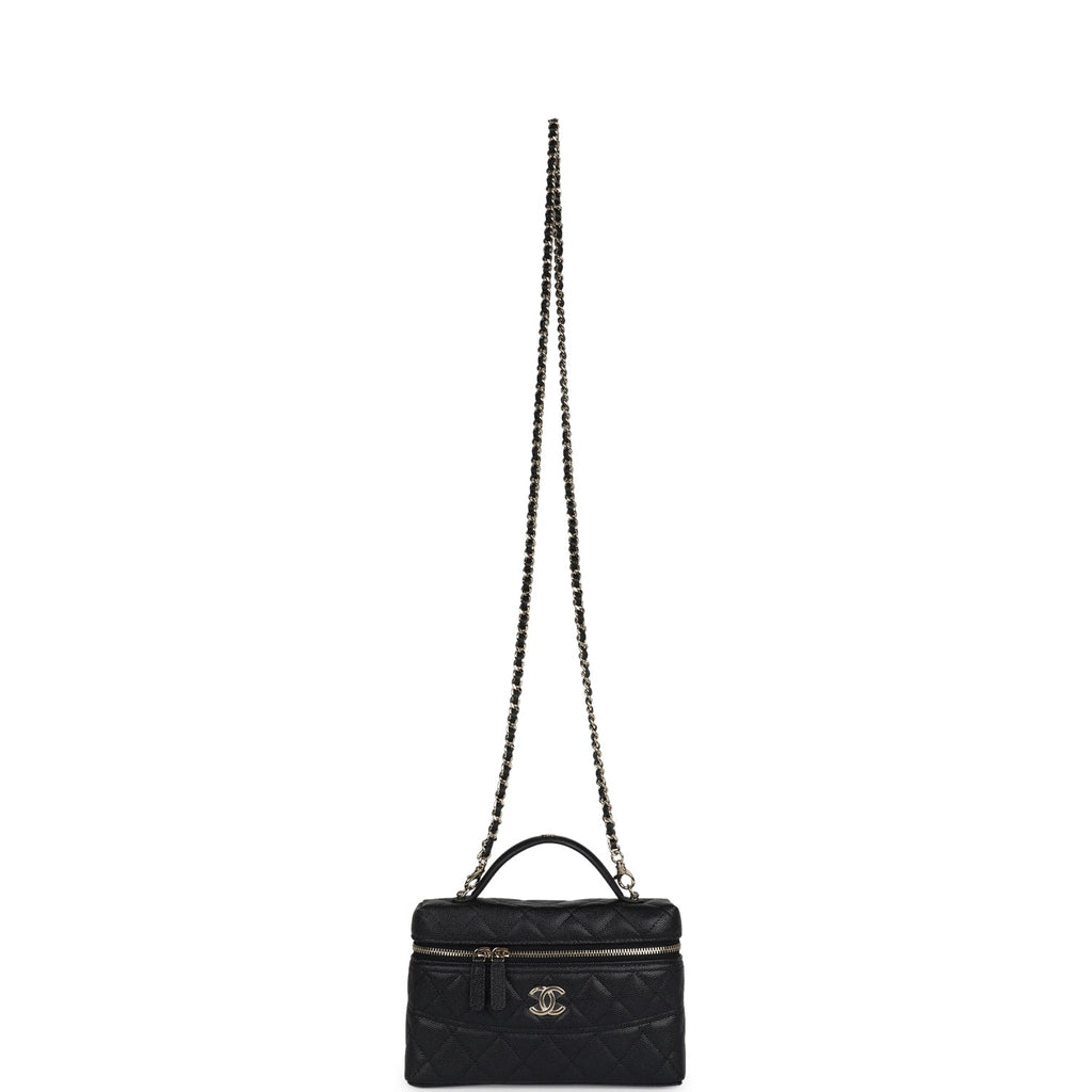 Chanel CC Top Handle Long Vanity Case With Chain Black Caviar Light Gold Hardware