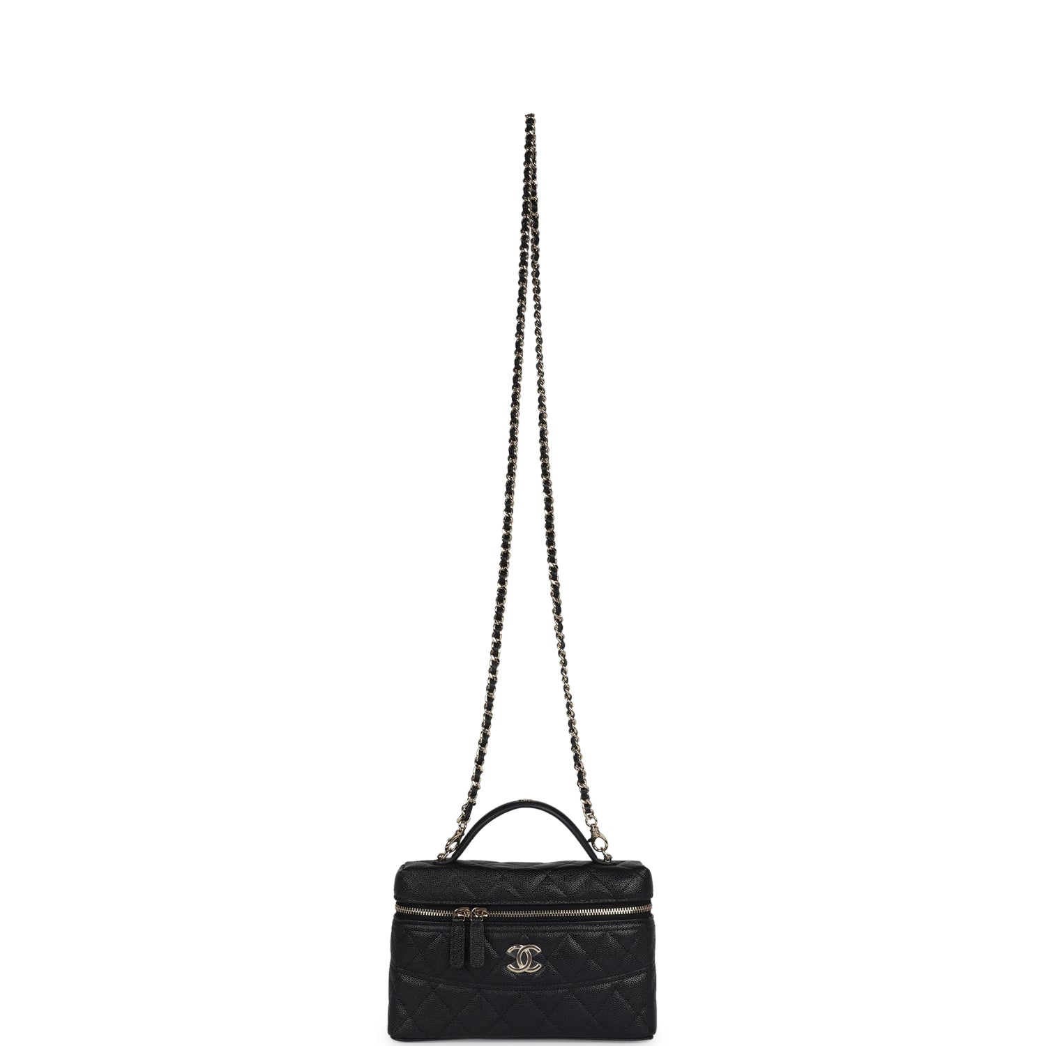 Chanel CC Top Handle Long Vanity Case With Chain Black Caviar Light Gold Hardware