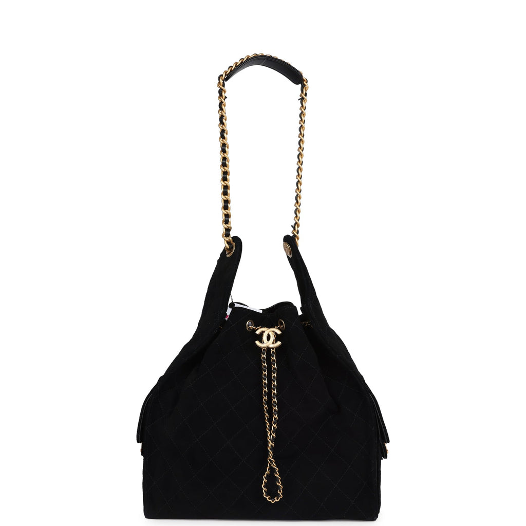 Chanel Large 25 Hobo Bag Black Suede Antique Gold Hardware