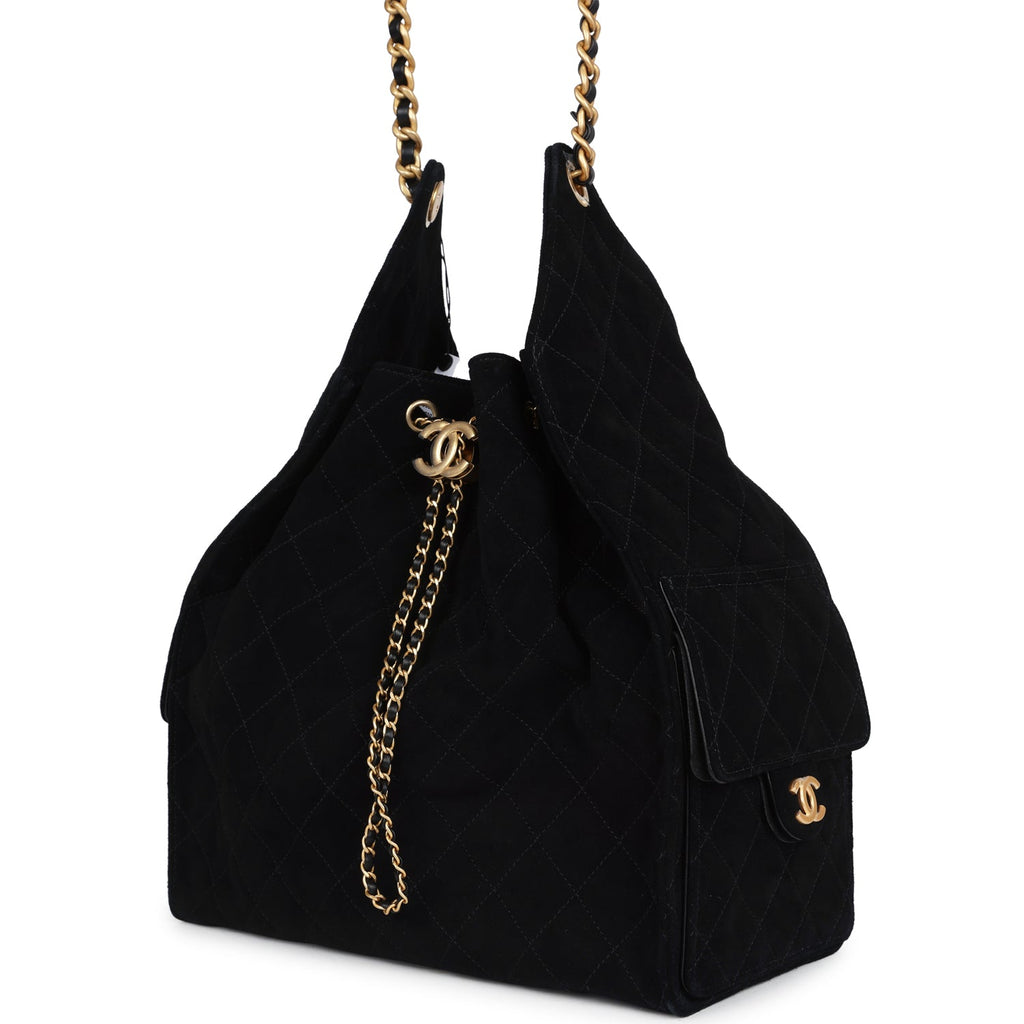 Chanel Large 25 Hobo Bag Black Suede Antique Gold Hardware