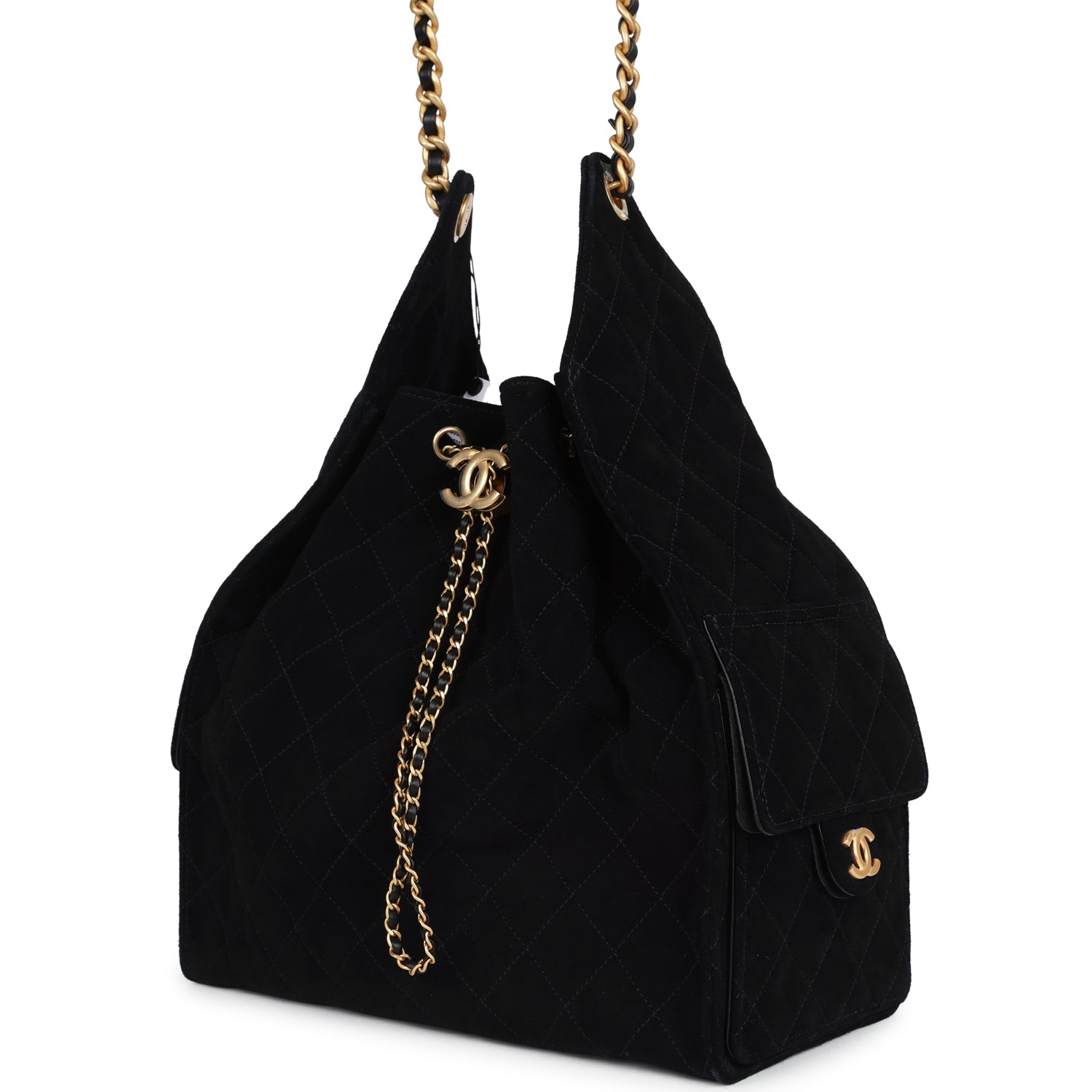 Chanel Large 25 Hobo Bag Black Suede Antique Gold Hardware
