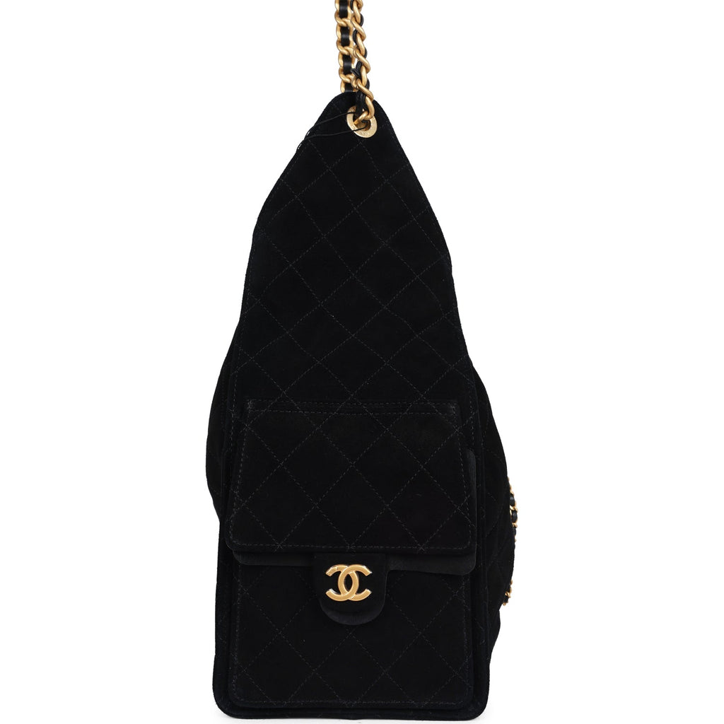 Chanel Large 25 Hobo Bag Black Suede Antique Gold Hardware