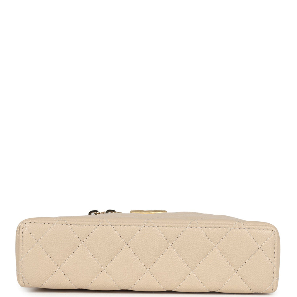 Chanel CC Top Handle Long Vanity Case With Chain Light Beige Shiny Caviar Brushed Gold Hardware