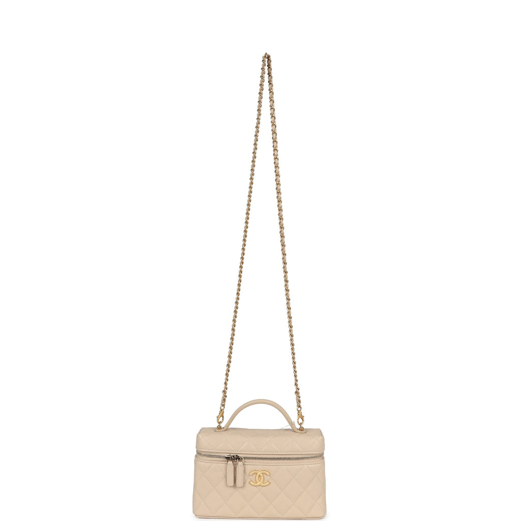 Chanel CC Top Handle Long Vanity Case With Chain Light Beige Shiny Caviar Brushed Gold Hardware