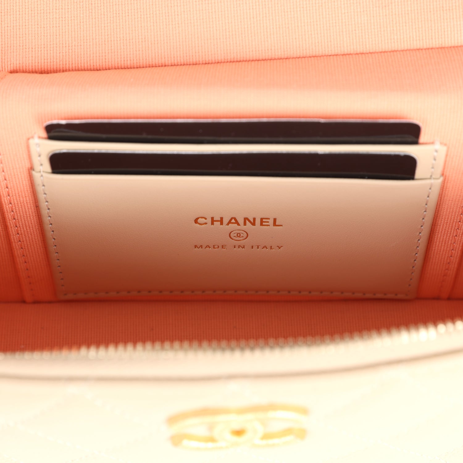 Chanel CC Top Handle Long Vanity Case With Chain Light Beige Shiny Caviar Brushed Gold Hardware