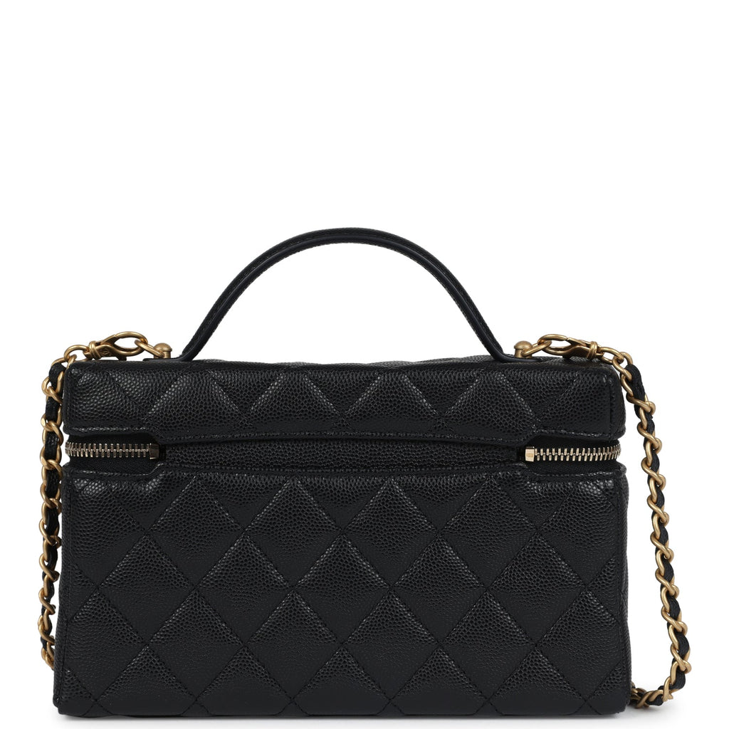 Chanel Top Handle Long Vanity Case With Chain Black Shiny Caviar Brushed Gold Hardware