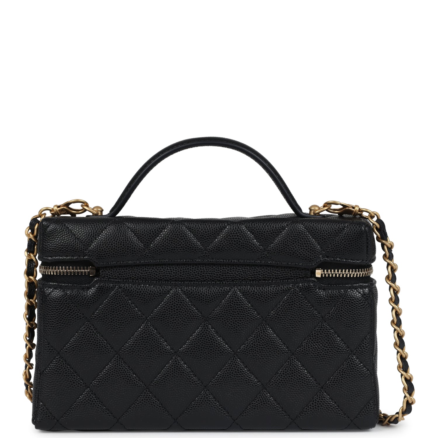 Chanel Top Handle Long Vanity Case With Chain Black Shiny Caviar Brushed Gold Hardware
