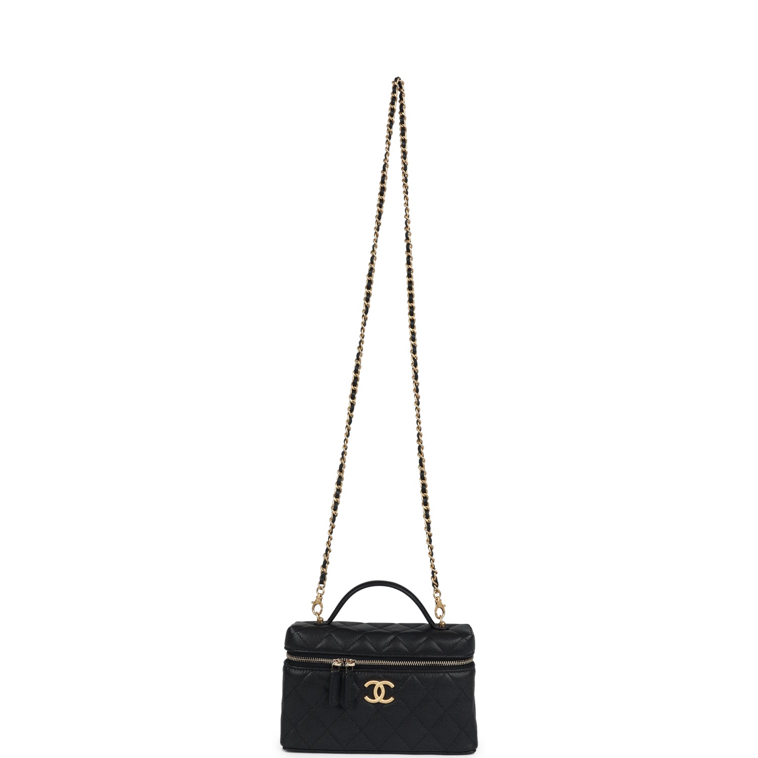 Chanel Top Handle Long Vanity Case With Chain Black Shiny Caviar Brushed Gold Hardware