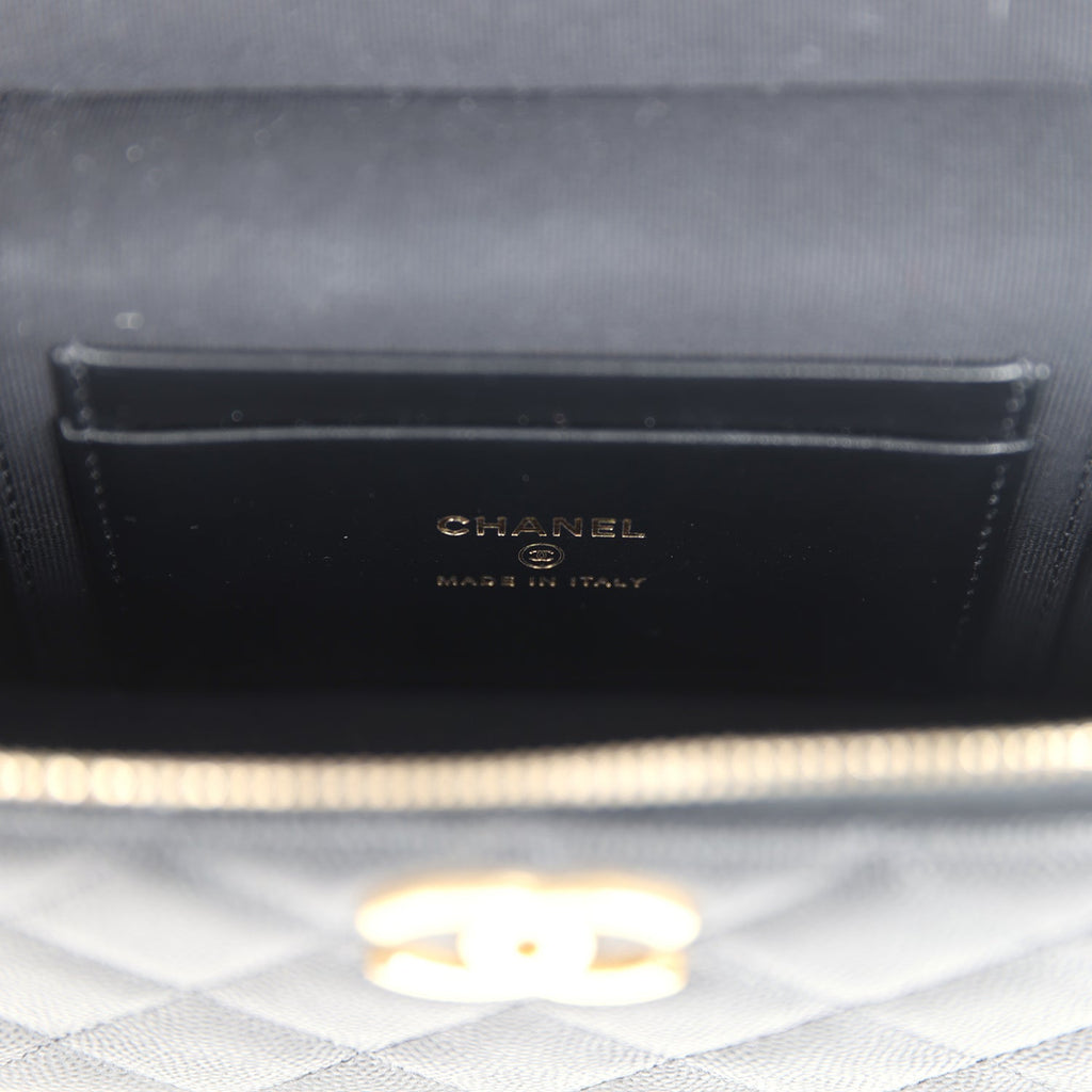 Chanel Top Handle Long Vanity Case With Chain Black Shiny Caviar Brushed Gold Hardware