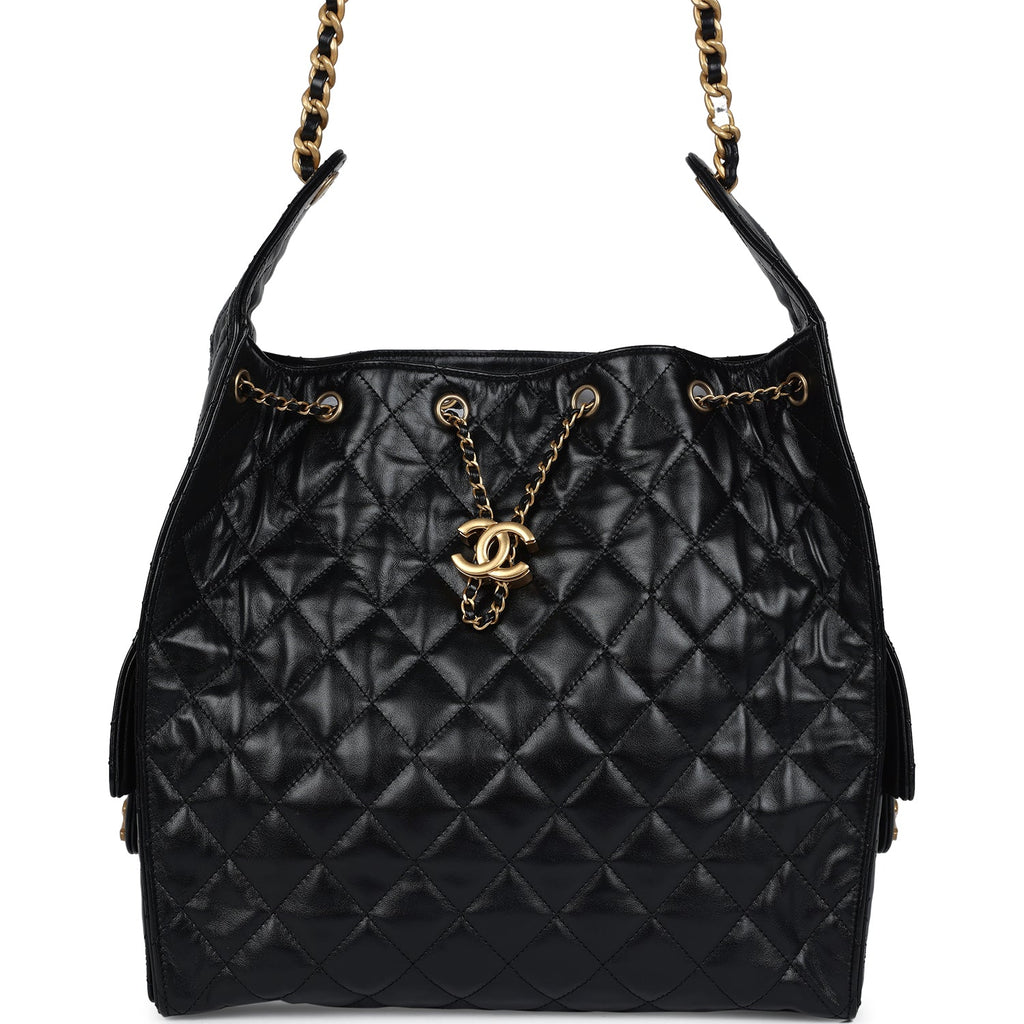 Chanel Medium 25 Hobo Bag Black Shiny Lambskin Antique Gold Hardware