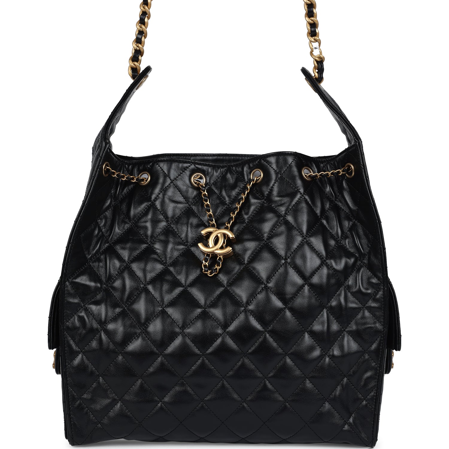 Chanel Medium 25 Hobo Bag Black Shiny Lambskin Antique Gold Hardware