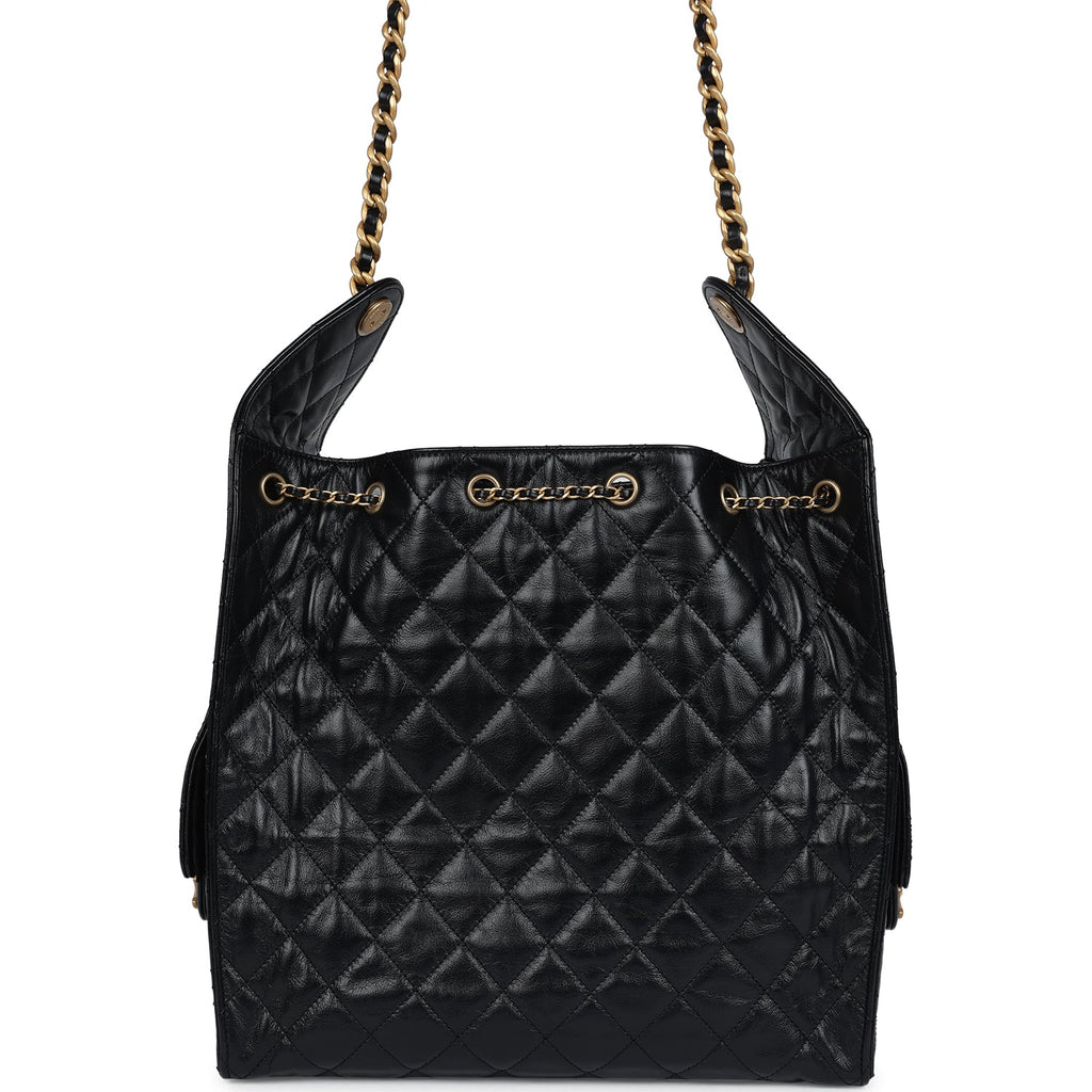 Chanel Medium 25 Hobo Bag Black Shiny Lambskin Antique Gold Hardware
