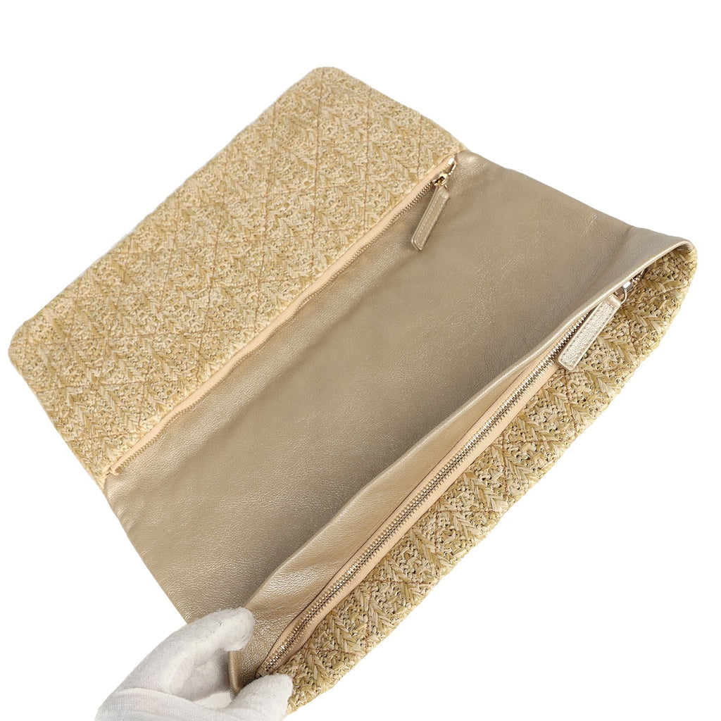 Chanel CC Woven Clutch Gold Natural Raffia Antique Gold Hardware