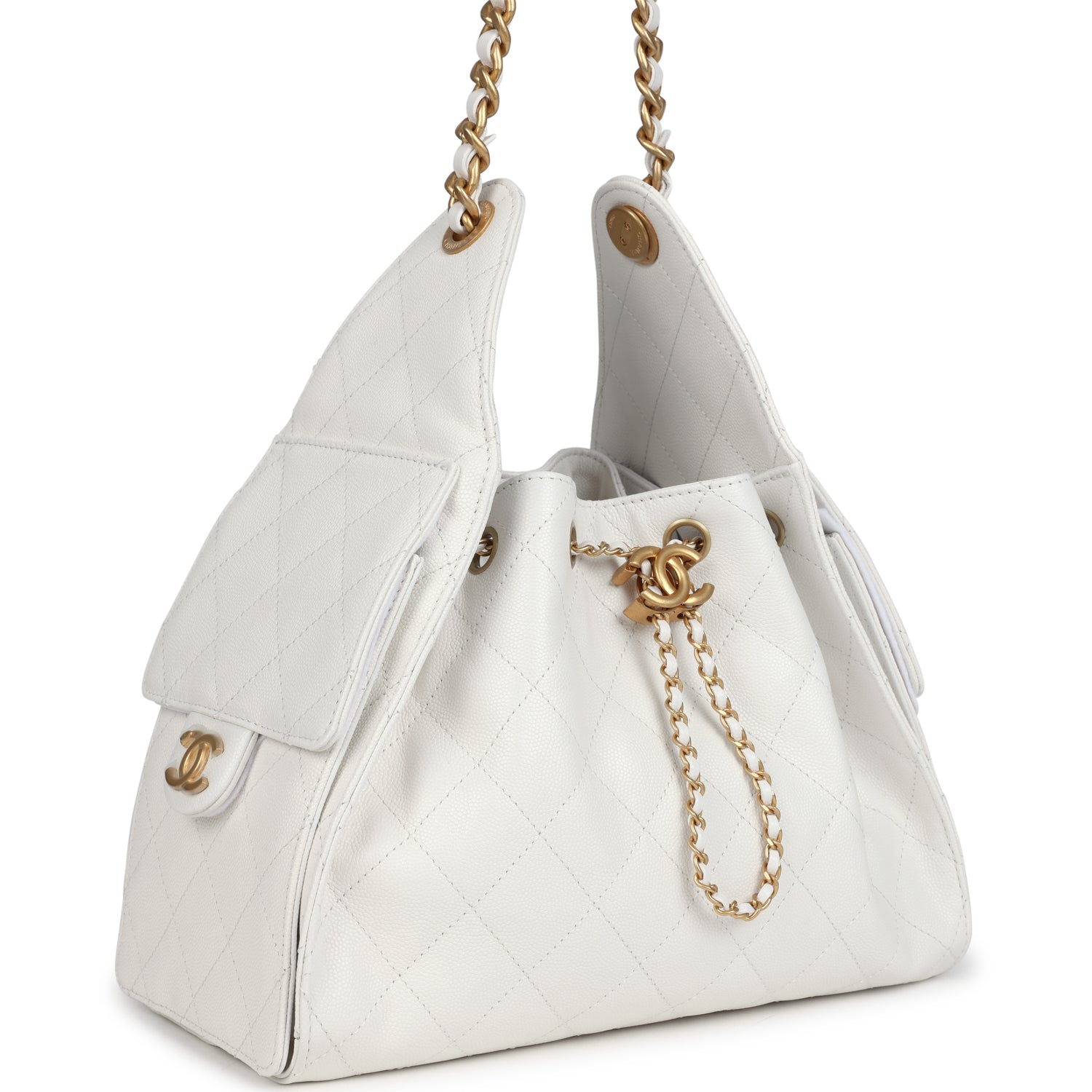 Chanel Small 25 Hobo Bag White Caviar Antique Gold Hardware