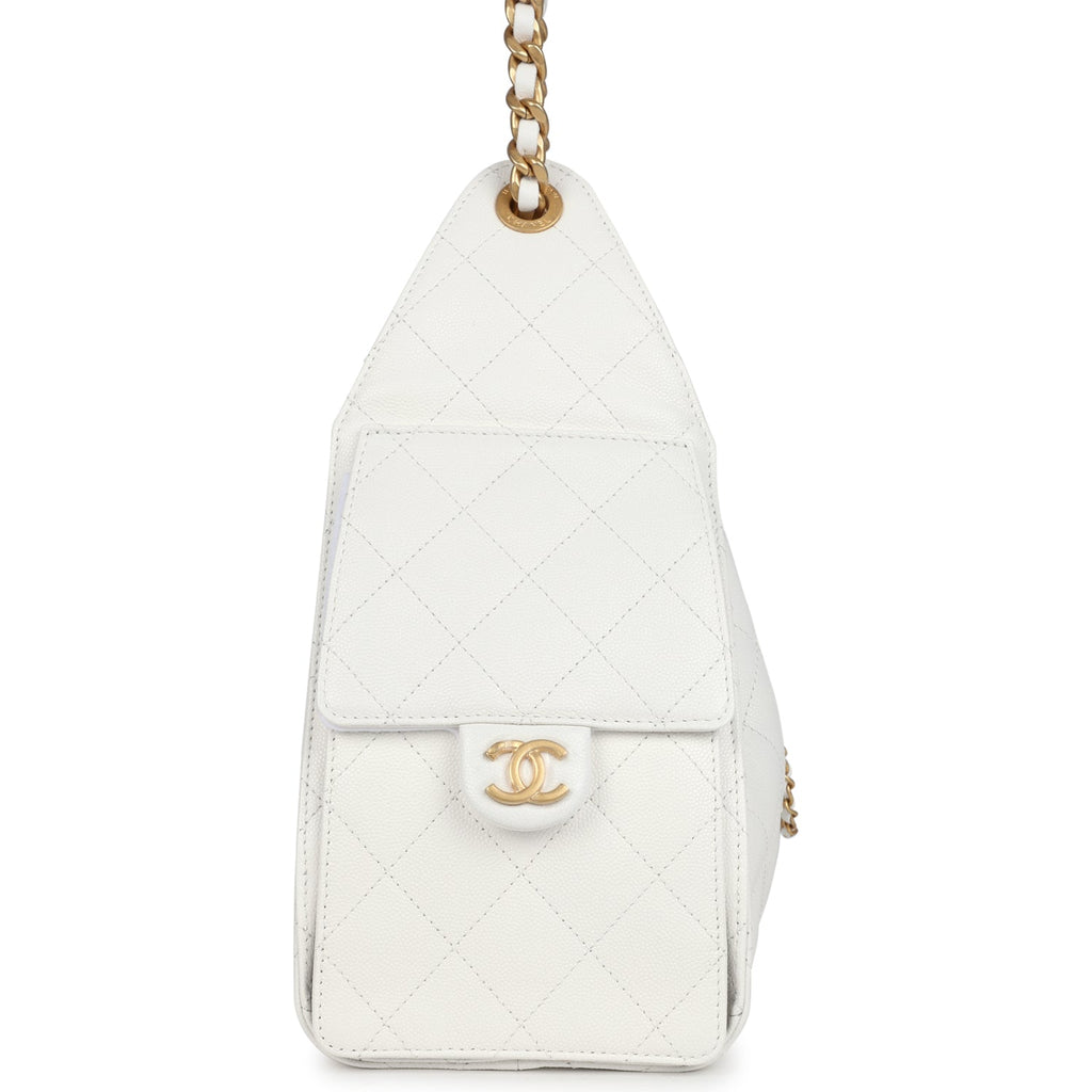 Chanel Small 25 Hobo Bag White Caviar Antique Gold Hardware