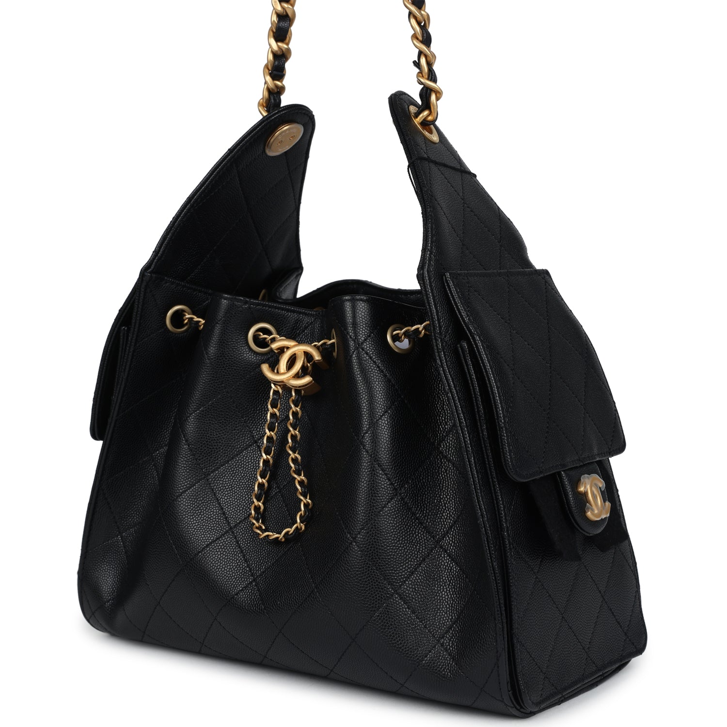 Chanel Small 25 Hobo Bag Black Caviar Antique Gold Hardware