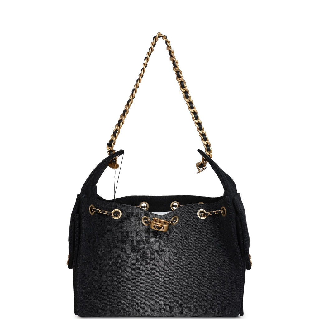 Chanel Small 25 Hobo Bag Black Washed Denim Antique Gold Hardware