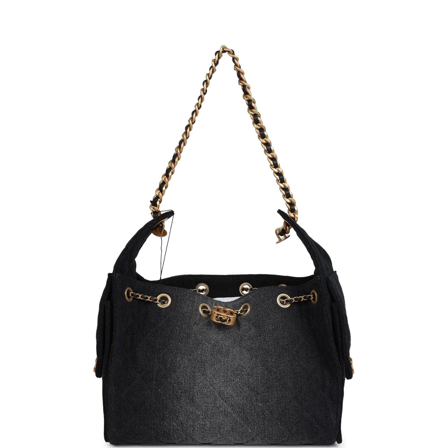 Chanel Small 25 Hobo Bag Black Washed Denim Antique Gold Hardware
