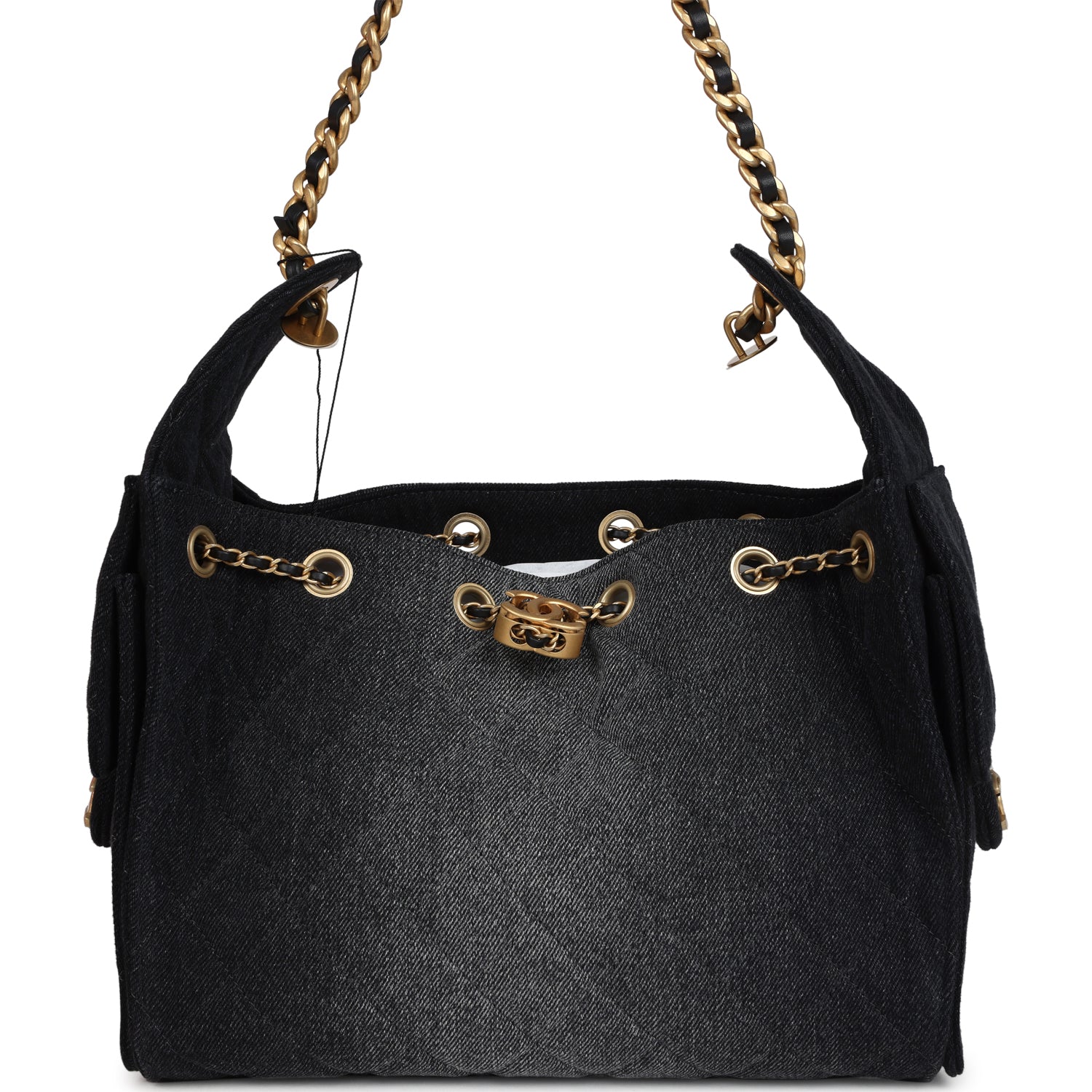 Chanel Small 25 Hobo Bag Black Washed Denim Antique Gold Hardware
