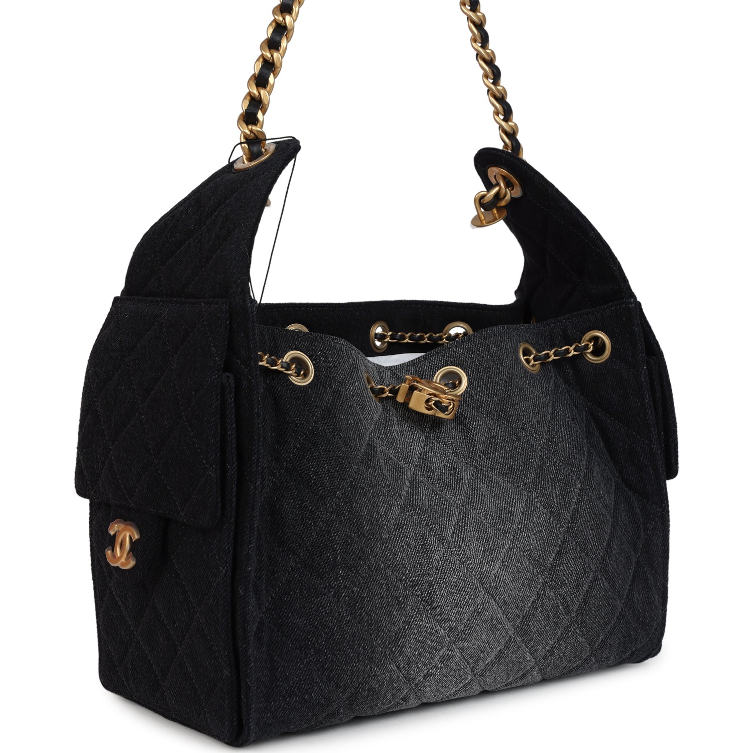 Chanel Small 25 Hobo Bag Black Washed Denim Antique Gold Hardware