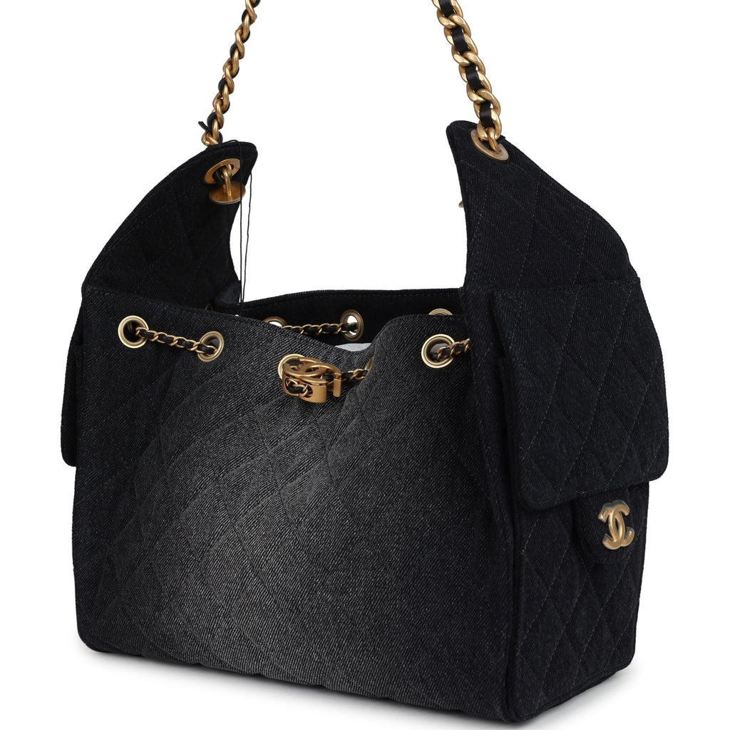 Chanel Small 25 Hobo Bag Black Washed Denim Antique Gold Hardware
