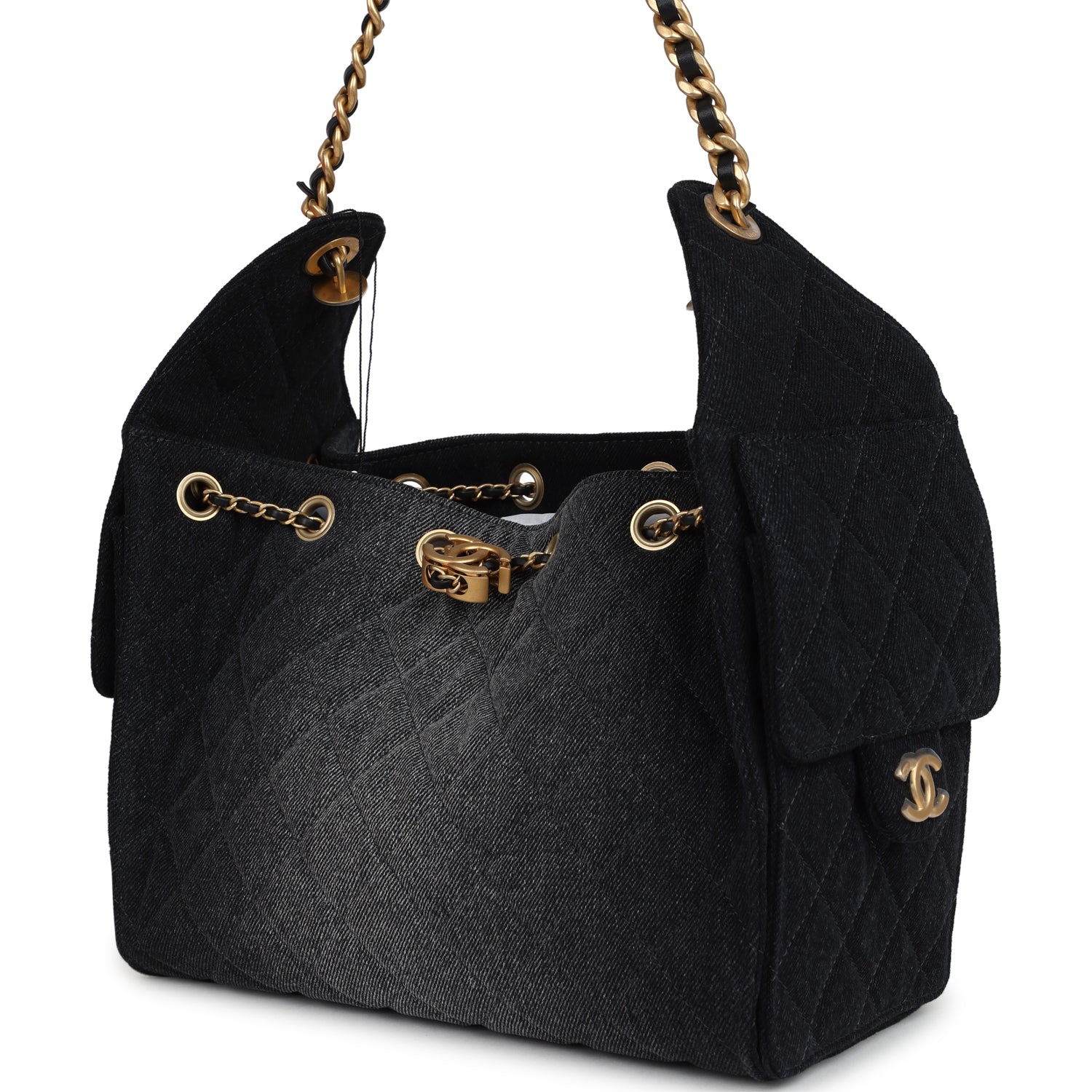 Chanel Small 25 Hobo Bag Black Washed Denim Antique Gold Hardware