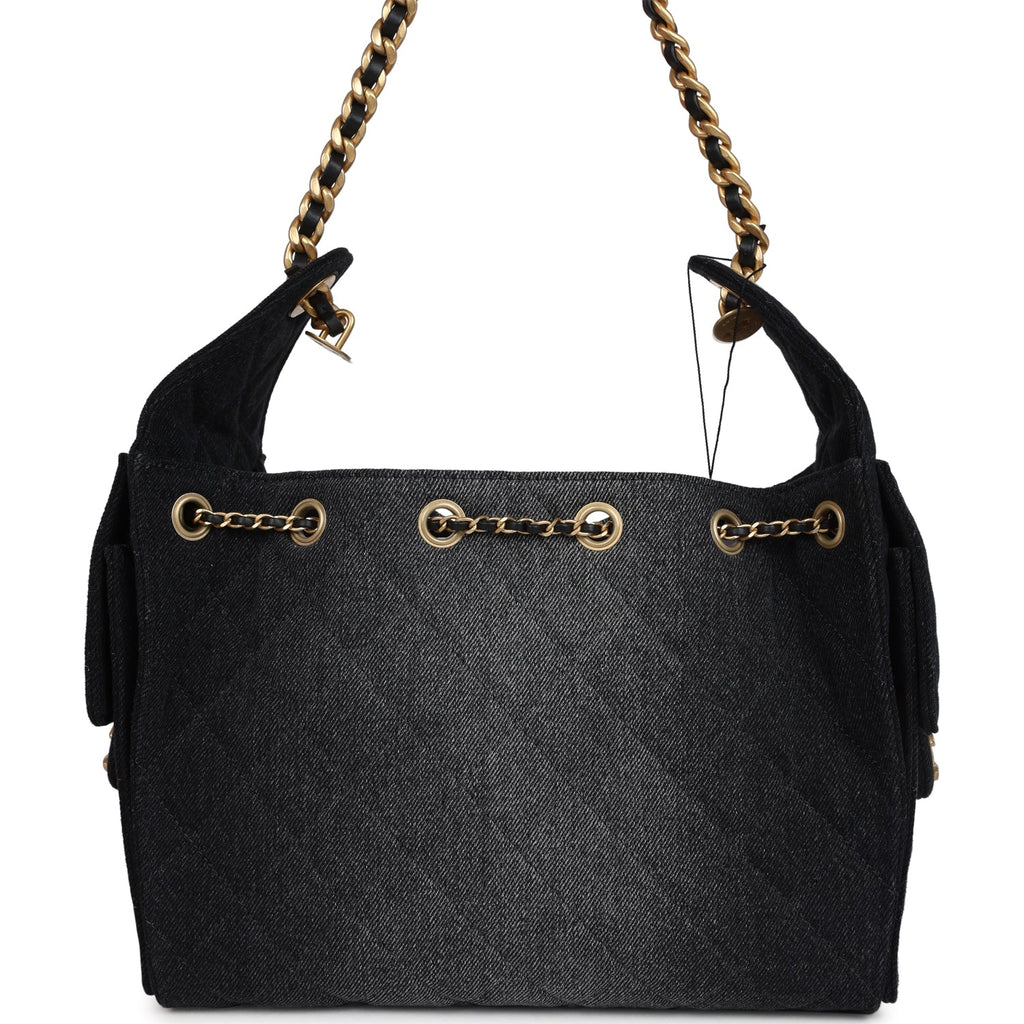 Chanel Small 25 Hobo Bag Black Washed Denim Antique Gold Hardware