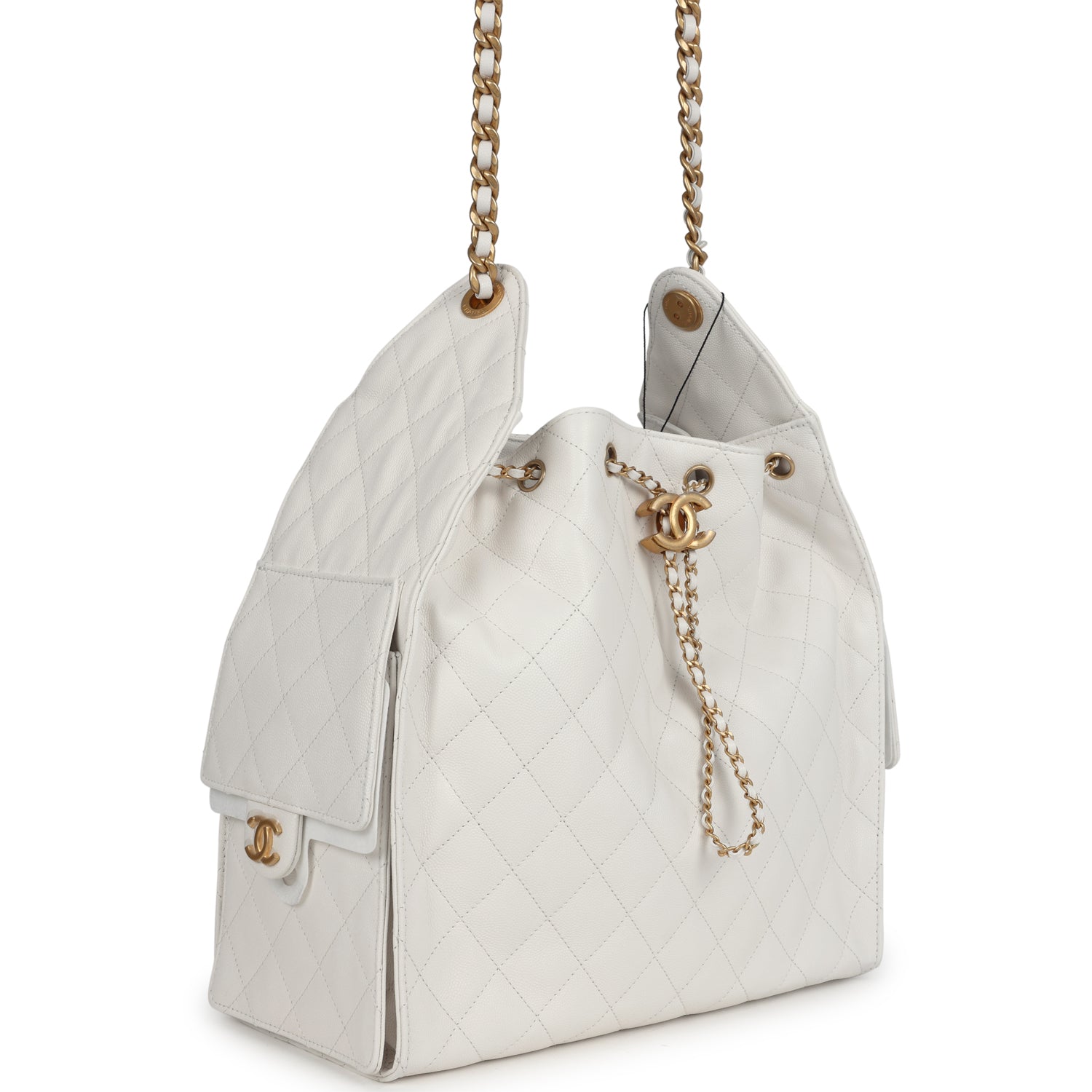 Chanel Medium 25 Hobo Bag White Caviar Antique Gold Hardware